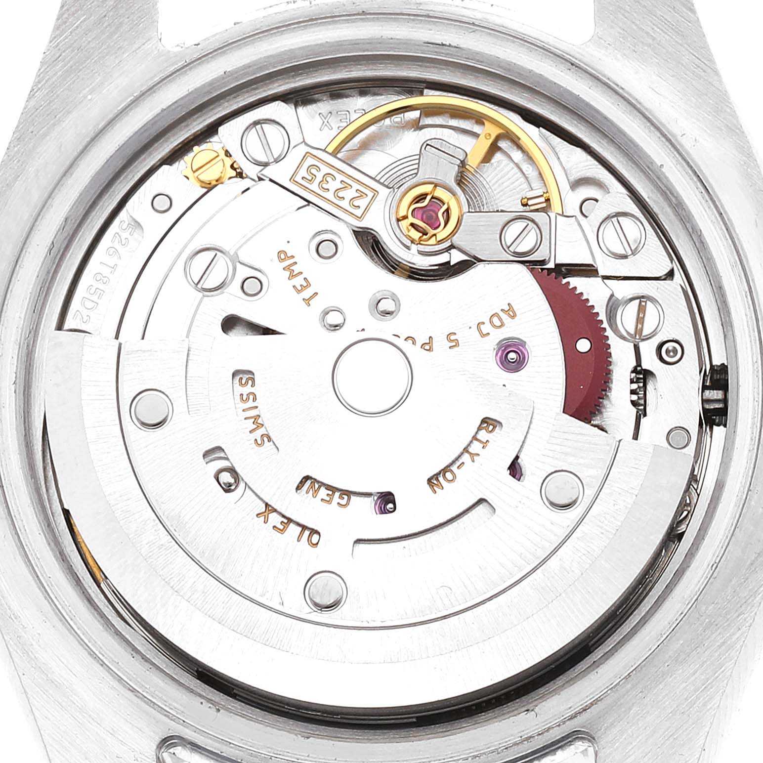 This image shows a close-up of the movement of a Rolex Datejust 179171 Women's Steel and Gold (two tone) Brown Dial 179171 Women's Steel and Gold (two tone) Brown Dial watch from the back, highlighting its internal mechanical components.