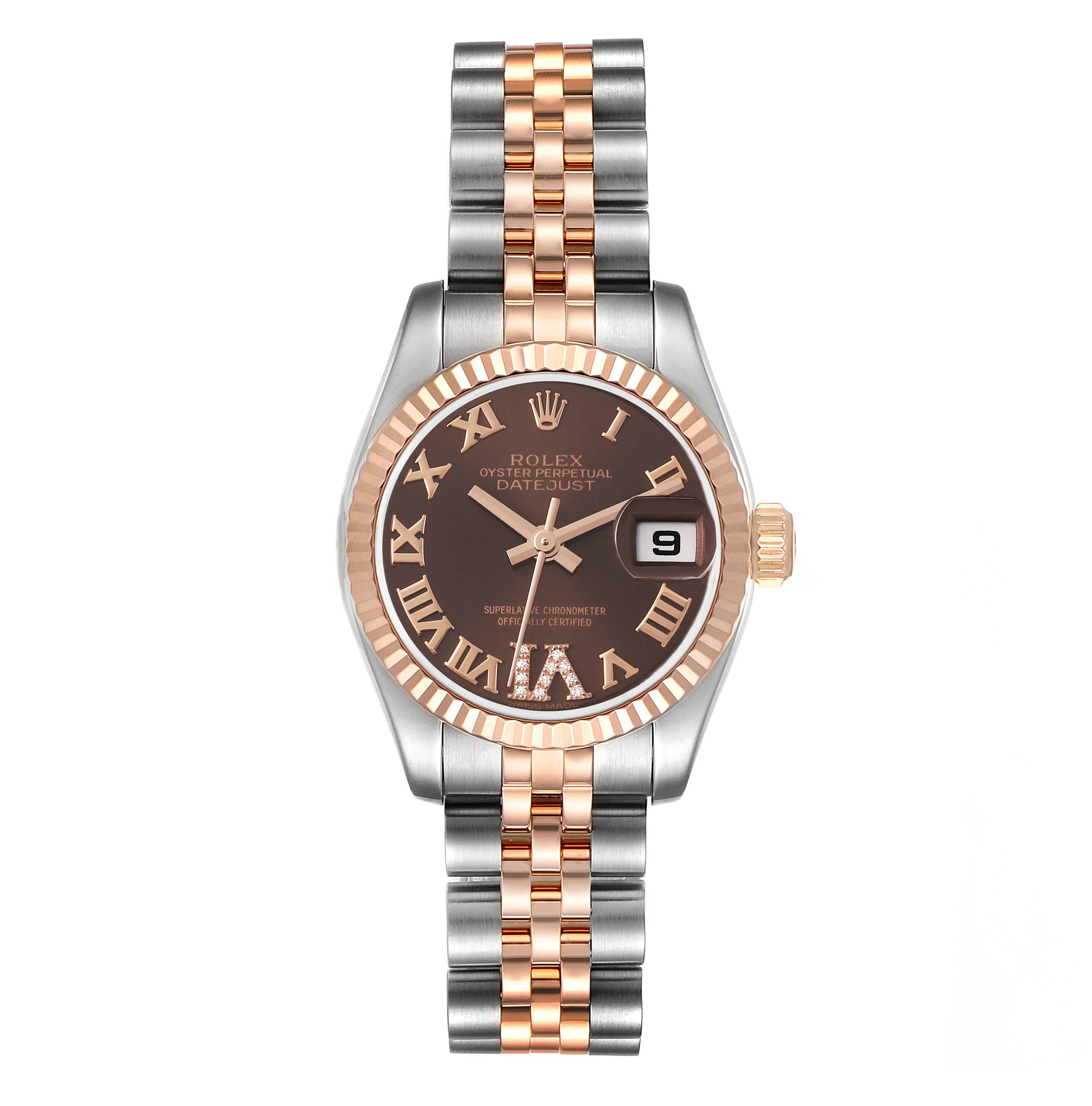 The Rolex Datejust 179171 Women's Steel and Gold (two tone) Brown Dial 179171 Women's Steel and Gold (two tone) Brown Dial watch is shown from a top-down angle, highlighting its bezel, dial, hands, date window, and bracelet.