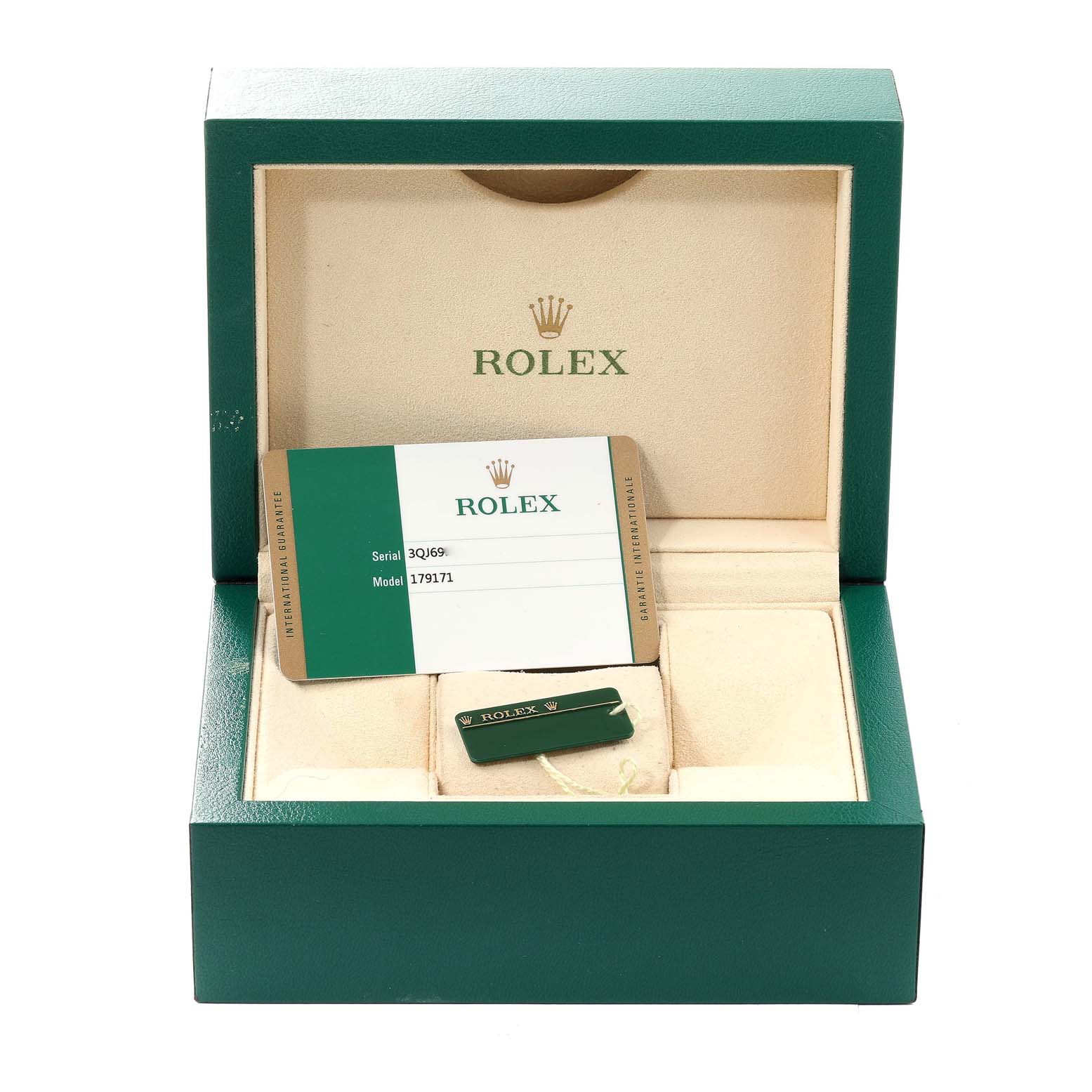 This image shows an open Rolex Datejust 179171 Women's Steel and Gold (two tone) Brown Dial 179171 Women's Steel and Gold (two tone) Brown Dial watch box with a warranty card and tag inside.