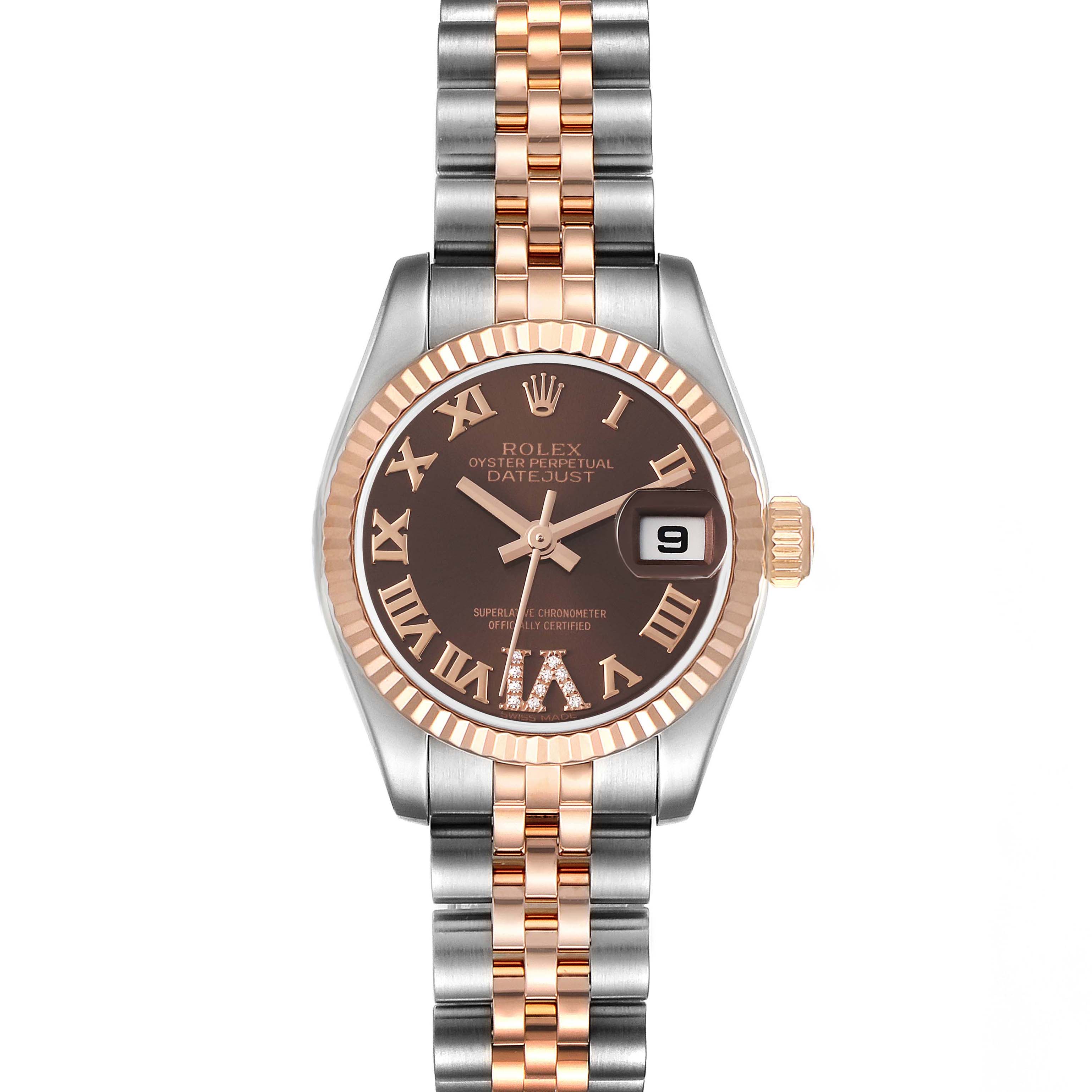 The Rolex Datejust 179171 Women's Steel and Gold (two tone) Brown Dial 179171 Women's Steel and Gold (two tone) Brown Dial is shown from a top-down angle, highlighting the dial, bezel, and two-tone bracelet.