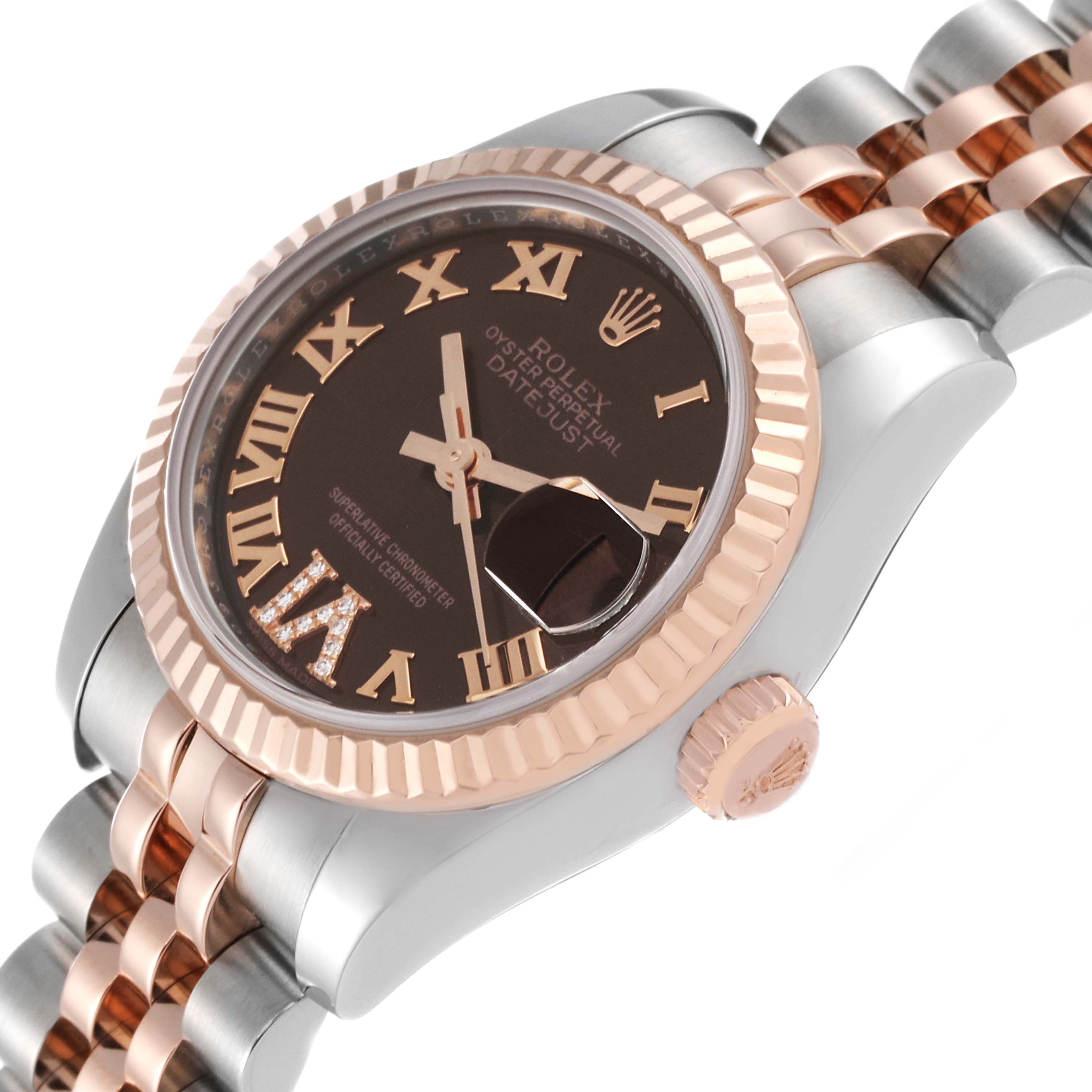 The image shows a close-up of the Rolex Datejust 179171 Women's Steel and Gold (two tone) Brown Dial 179171 Women's Steel and Gold (two tone) Brown Dial watch face, bezel, crown, and part of the bracelet, viewed from a slight angle.
