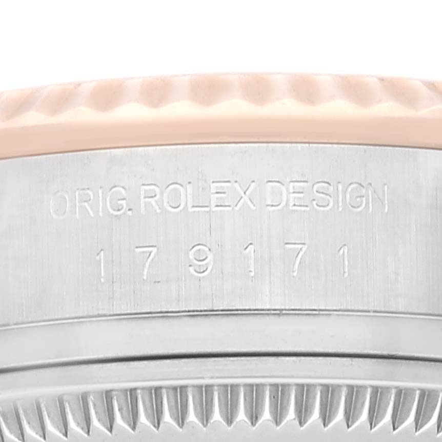 The image shows a close-up view of the case side and bezel of a Rolex Datejust 179171 Women's Steel and Gold (two tone) Brown Dial 179171 Women's Steel and Gold (two tone) Brown Dial watch, highlighting its model number and "ORIG. ROLEX DESIGN" inscription.