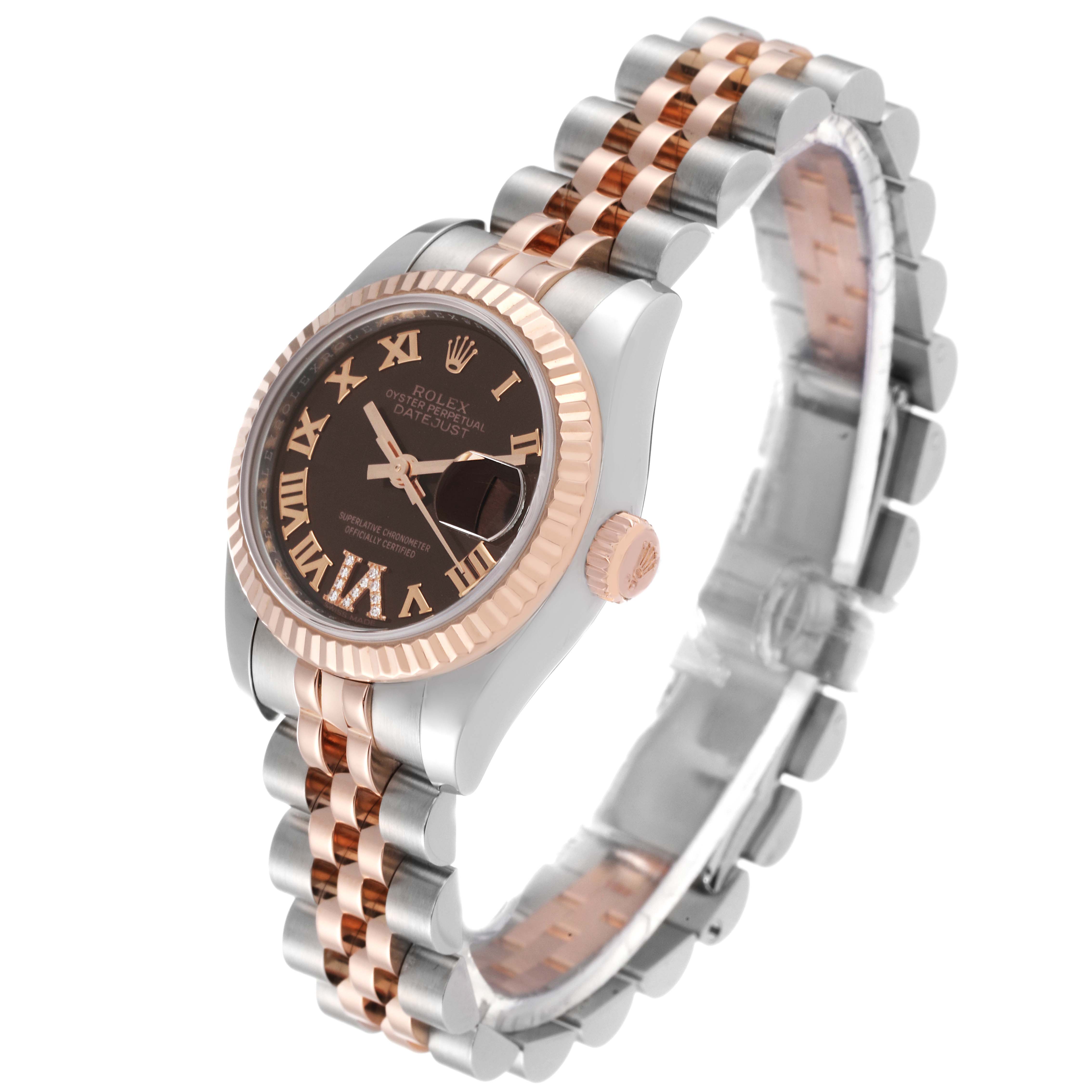 This image shows a Rolex Datejust 179171 Women's Steel and Gold (two tone) Brown Dial 179171 Women's Steel and Gold (two tone) Brown Dial watch at an angle highlighting its dial, bezel, and two-tone bracelet band.