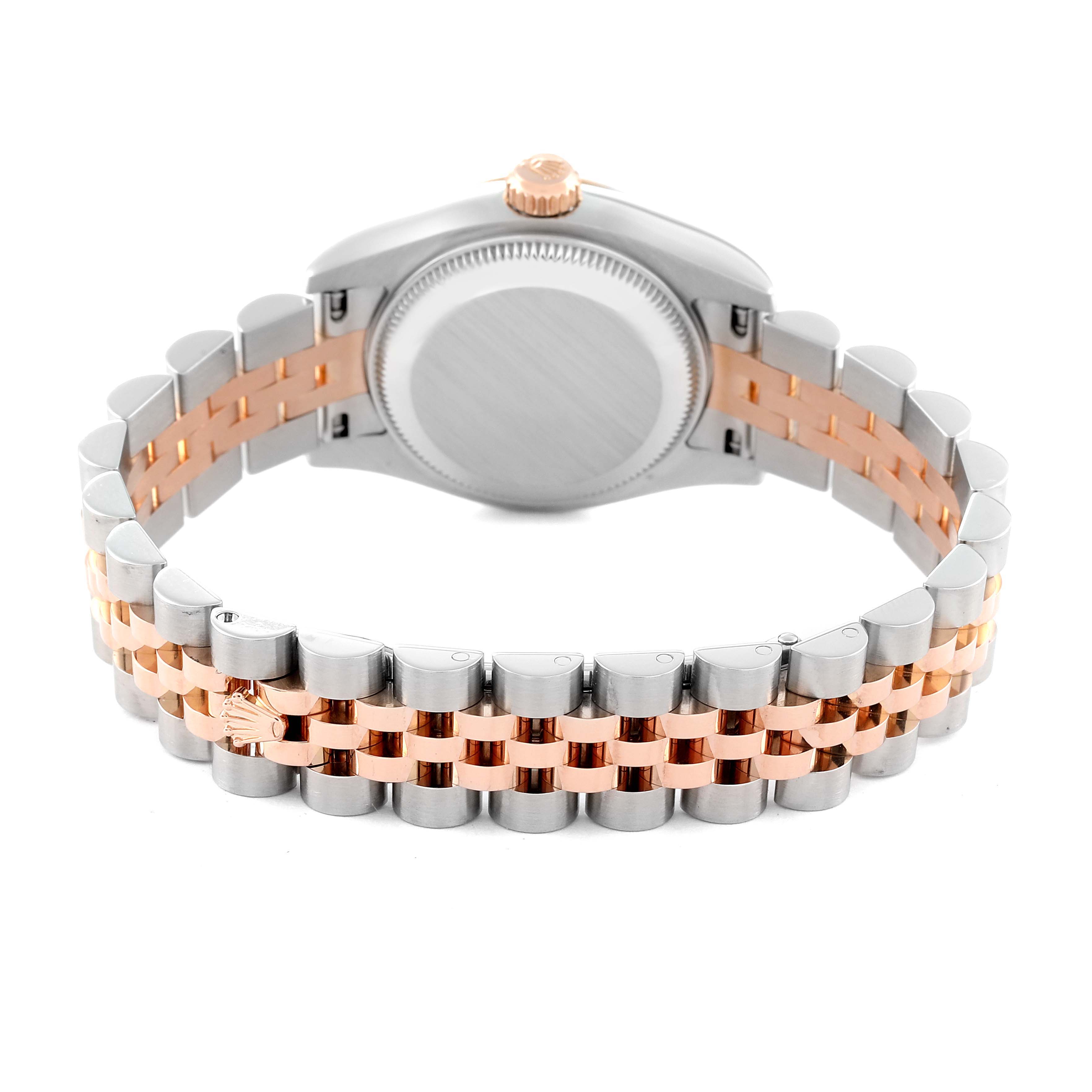 The image shows the back and bracelet of a Rolex Datejust 179171 Women's Steel and Gold (two tone) Brown Dial 179171 Women's Steel and Gold (two tone) Brown Dial watch in a two-tone metal design.