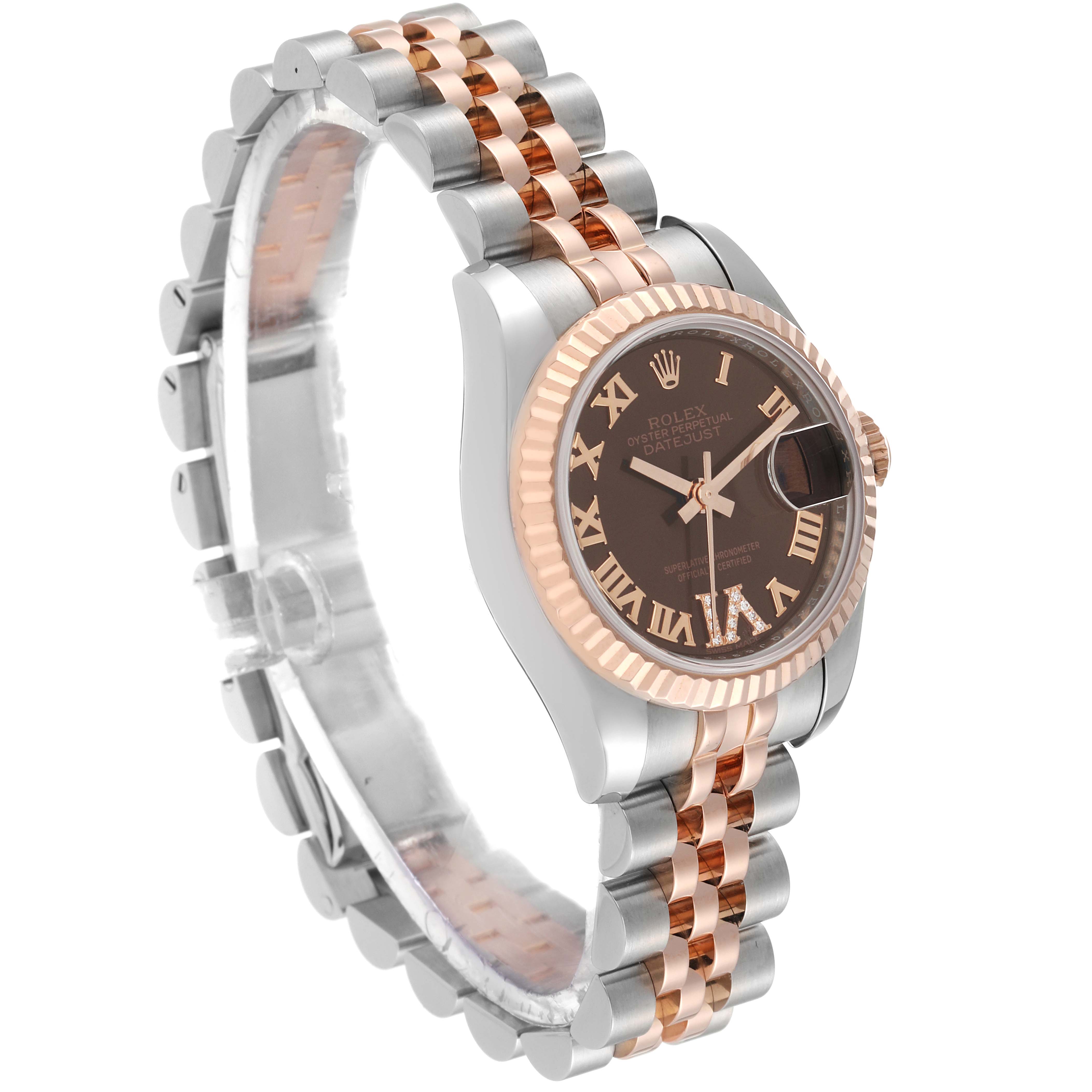 The Rolex Datejust 179171 Women's Steel and Gold (two tone) Brown Dial 179171 Women's Steel and Gold (two tone) Brown Dial watch is shown at a three-quarter angle, highlighting the face, bezel, and two-tone bracelet.