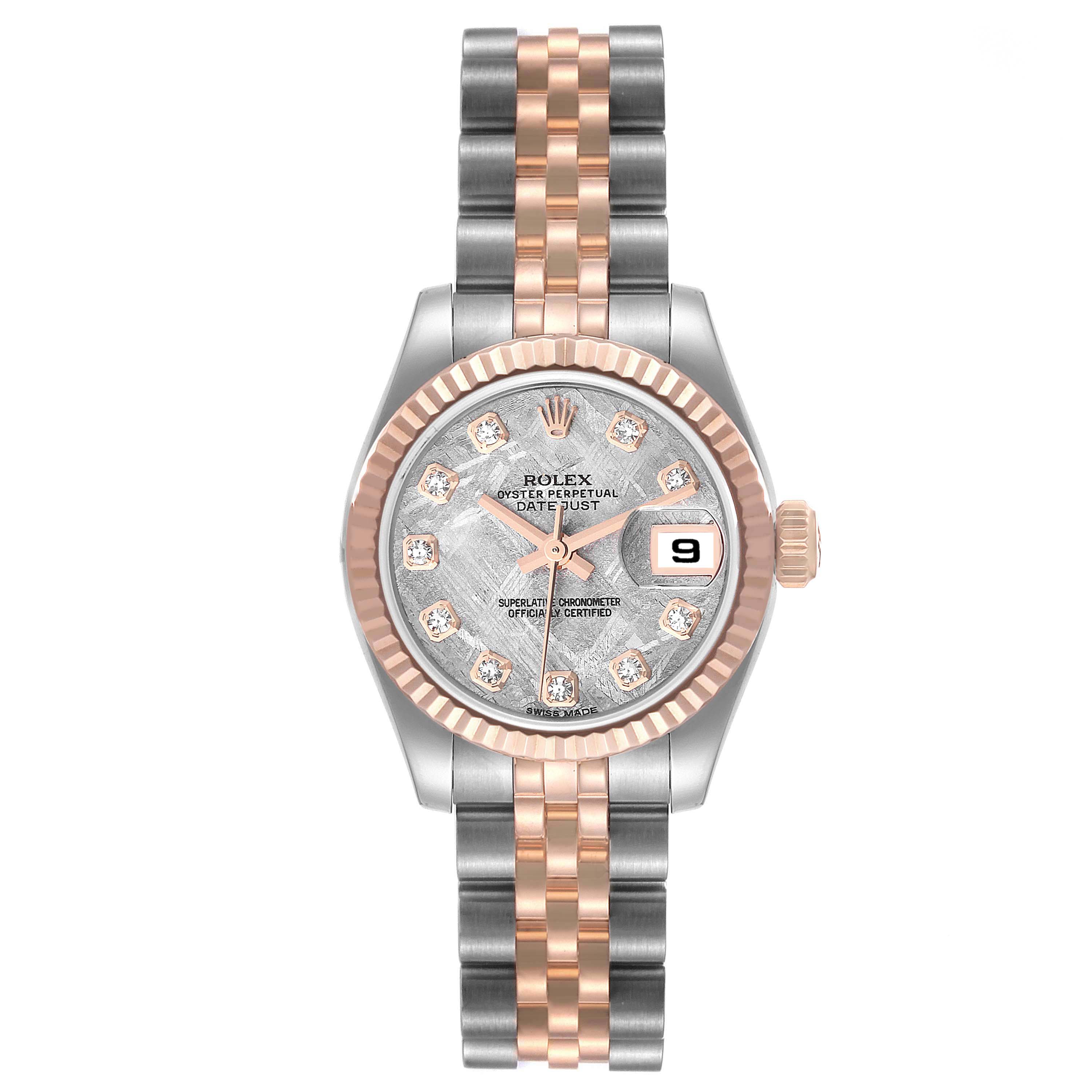 The image shows a frontal view of a Datejust model by Rolex, highlighting the dial, fluted bezel, and stainless steel and rose gold Jubilee bracelet.