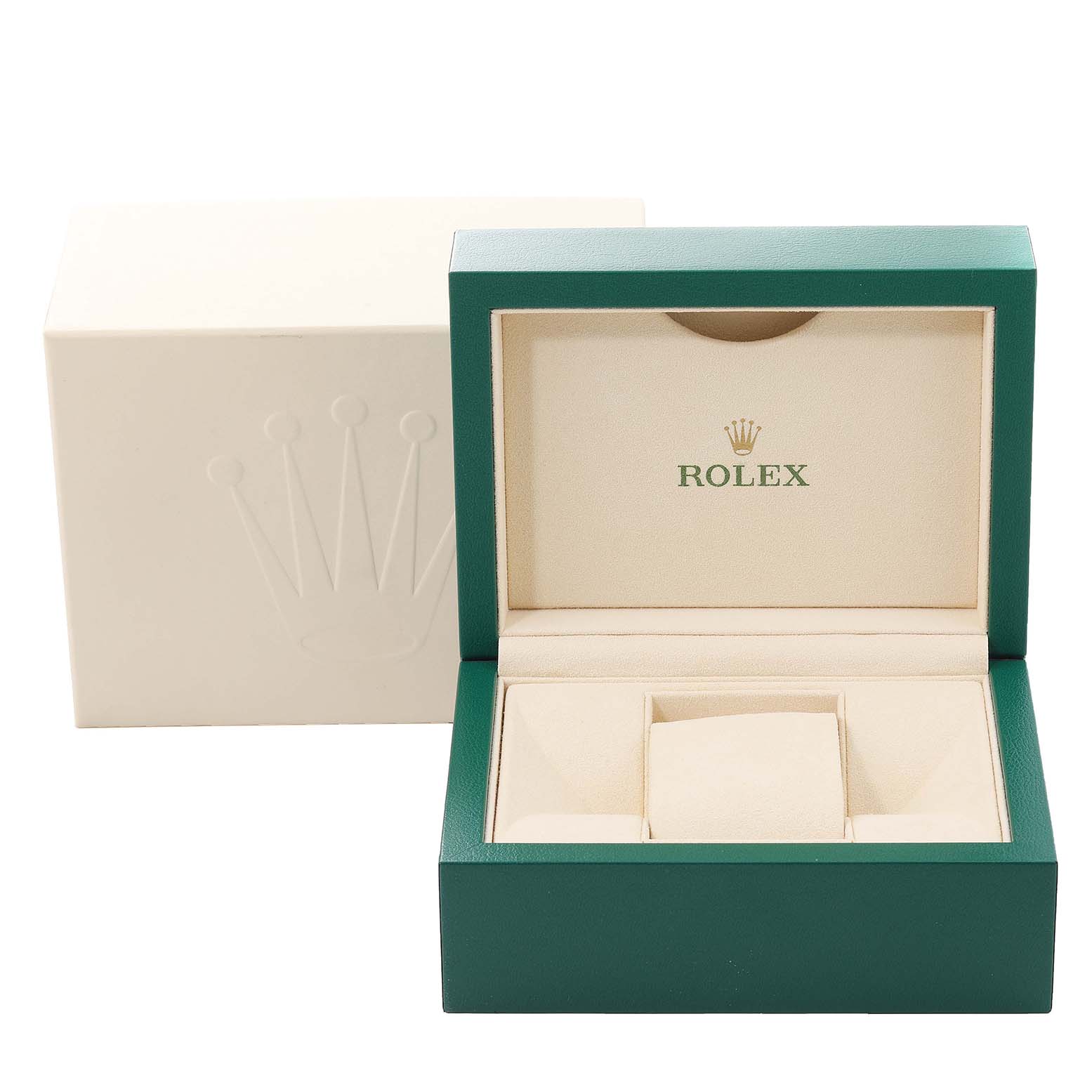 This image shows a Rolex Datejust 179171 Women's Steel and Gold (two tone) Silver Dial 179171 Women's Steel and Gold (two tone) Silver Dial watch box and packaging with the lid open, revealing the inner compartments.