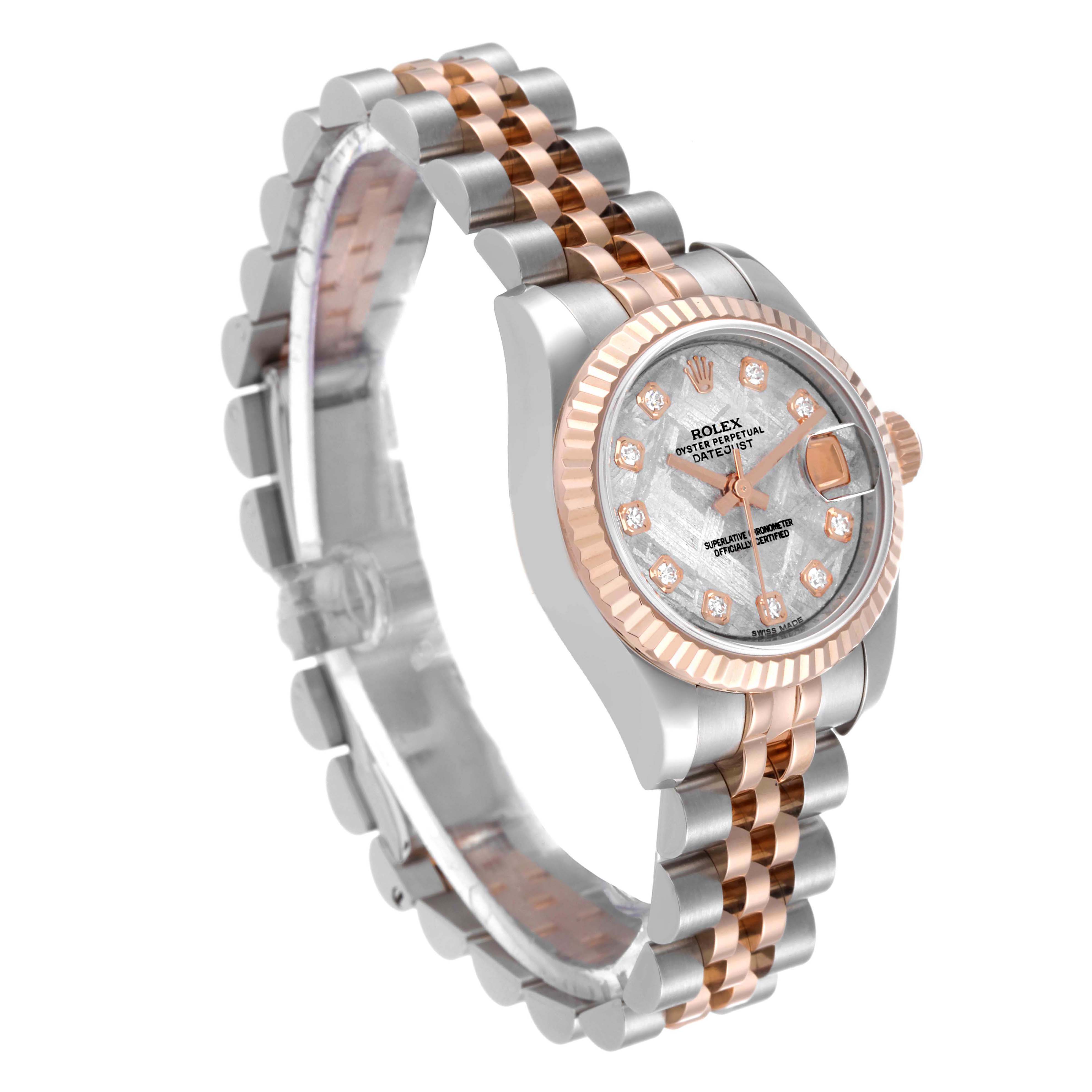 This image shows a side angle of a Rolex Datejust 179171 Women's Steel and Gold (two tone) Silver Dial 179171 Women's Steel and Gold (two tone) Silver Dial watch, highlighting its two-tone Jubilee bracelet and diamond hour markers.