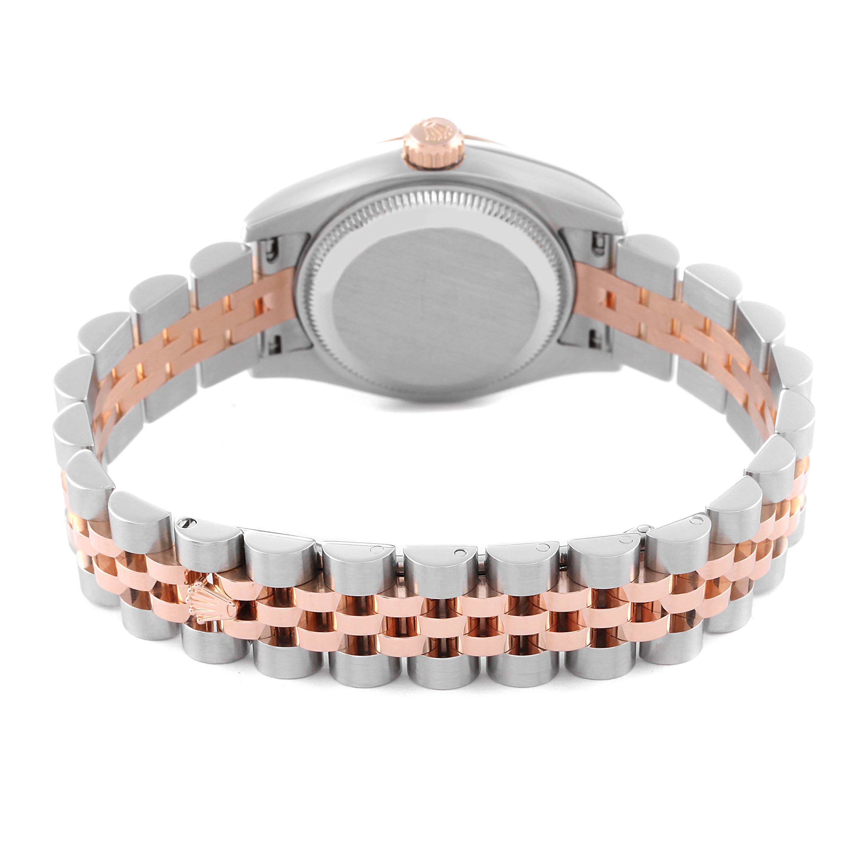 The image shows the back of a Rolex Datejust 179171 Women's Steel and Gold (two tone) Silver Dial 179171 Women's Steel and Gold (two tone) Silver Dial watch, focusing on its two-tone oystersteel and gold bracelet and case back.