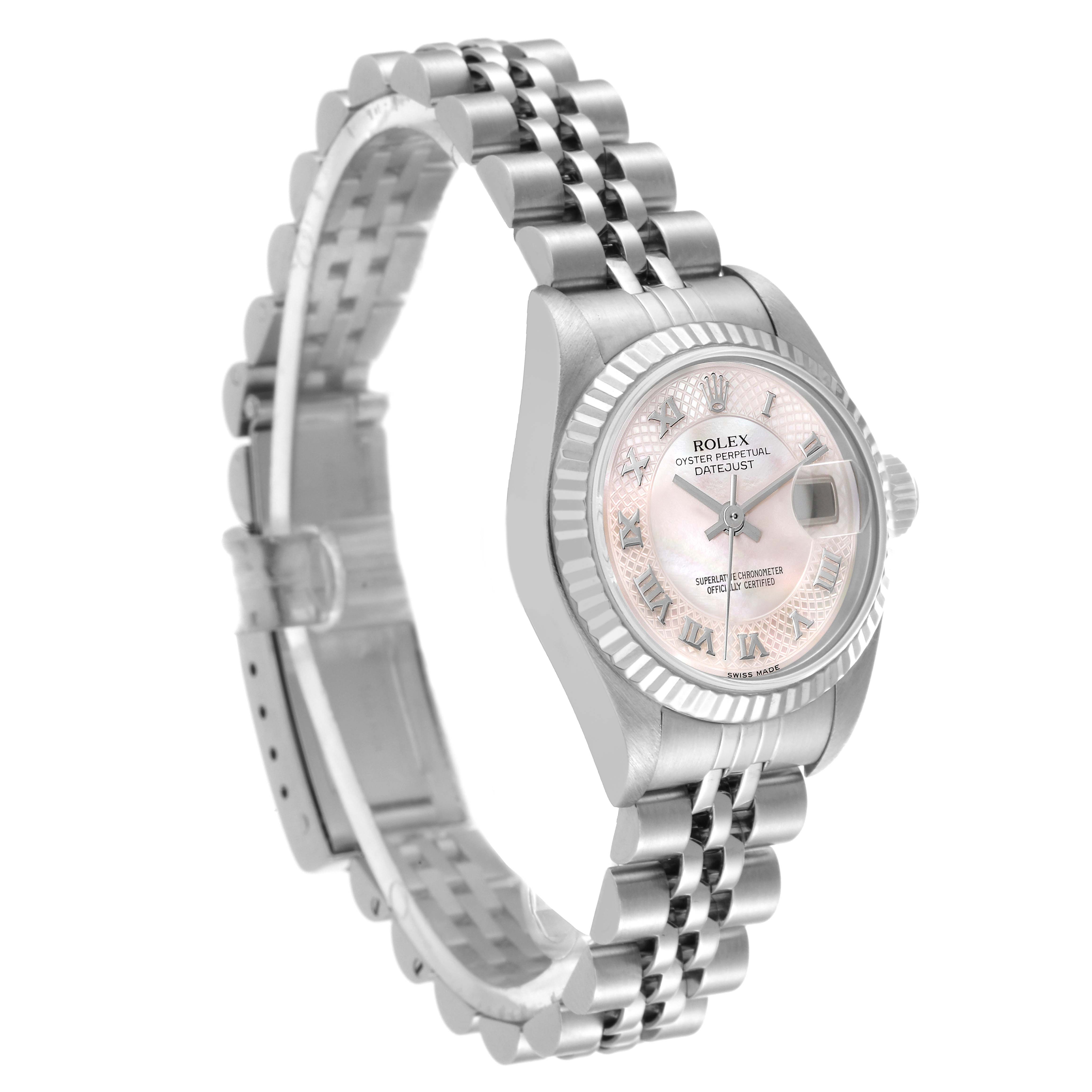 The image shows a Rolex Datejust 79174 Women's Steel and Gold (two tone) Mother of Pearl Dial 79174 Women's Steel and Gold (two tone) Mother of Pearl Dial watch at a side angle, highlighting the face, bezel, bracelet, and clasp.