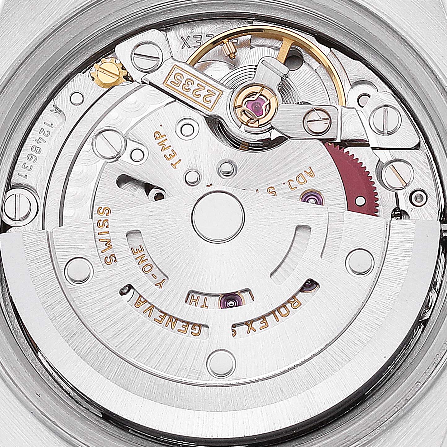 This image shows a close-up view of the movement mechanism inside a Rolex Datejust 79174 Women's Steel and Gold (two tone) Mother of Pearl Dial 79174 Women's Steel and Gold (two tone) Mother of Pearl Dial watch.