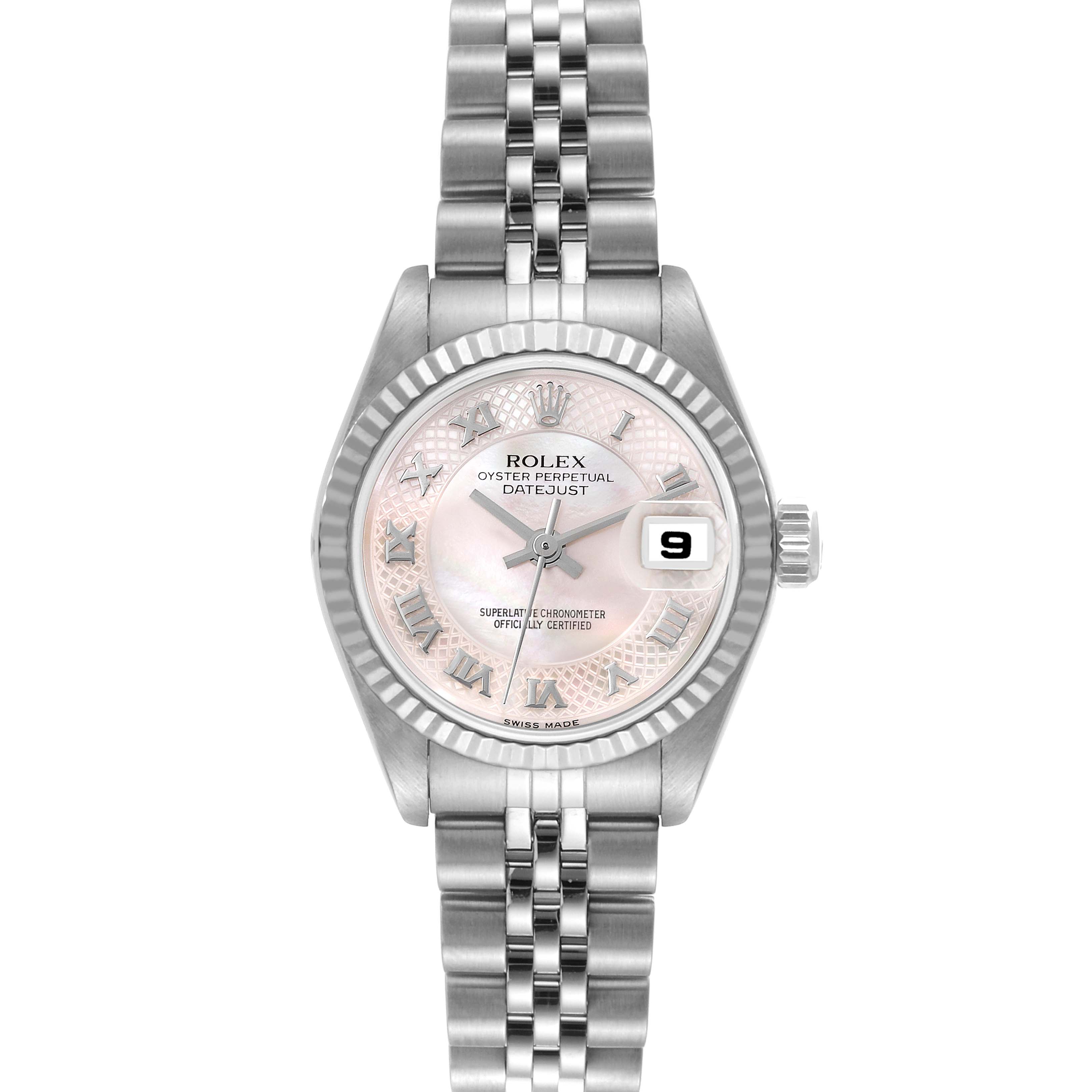 The image shows the front view of a Rolex Datejust 79174 Women's Steel and Gold (two tone) Mother of Pearl Dial 79174 Women's Steel and Gold (two tone) Mother of Pearl Dial watch, featuring its face, bezel, and bracelet.