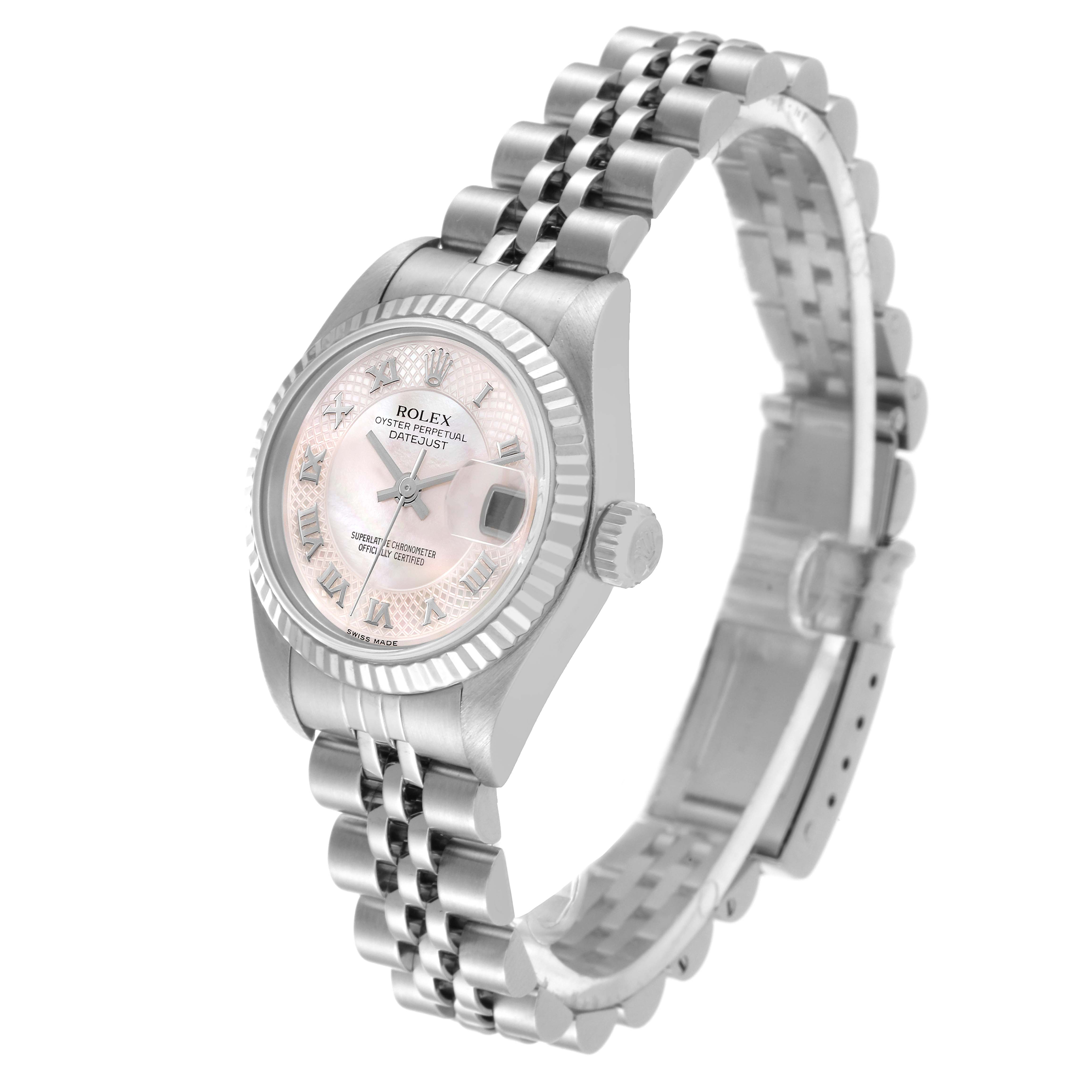 The image shows a side view of a Rolex Datejust 79174 Women's Steel and Gold (two tone) Mother of Pearl Dial 79174 Women's Steel and Gold (two tone) Mother of Pearl Dial, highlighting its face, fluted bezel, and Jubilee bracelet.