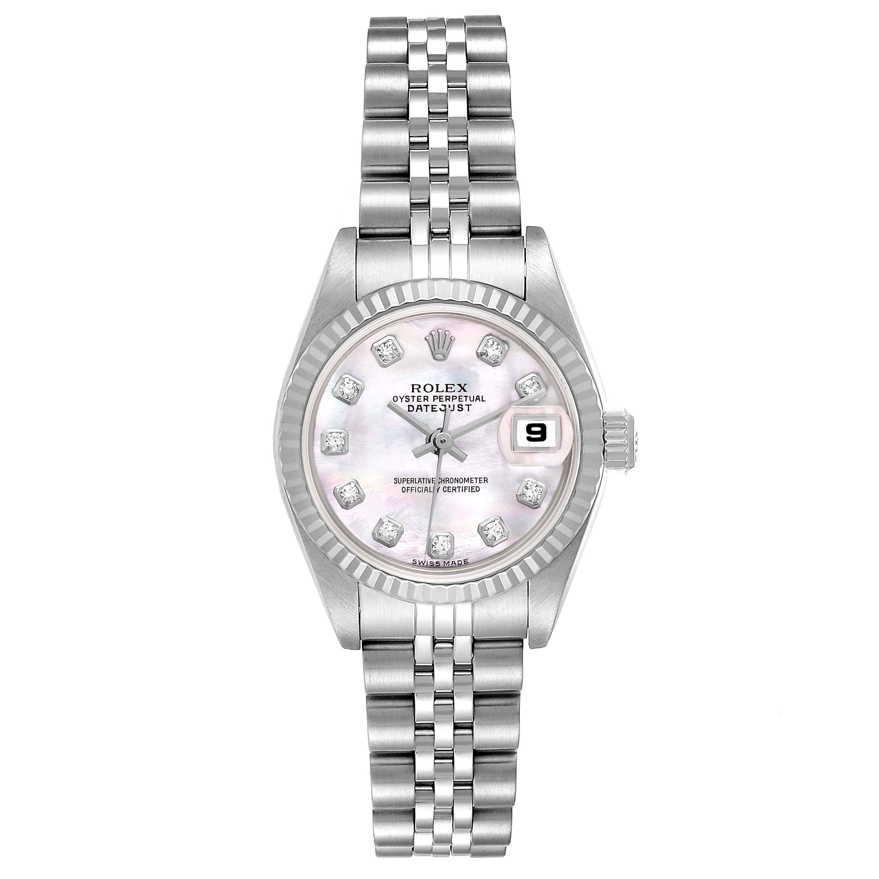 This image shows a front view of a Rolex Datejust 79174 Women's Stainless Steel Mother of Pearl Dial 79174 Women's Stainless Steel Mother of Pearl Dial model, displaying the watch face, bezel, markers, and bracelet.