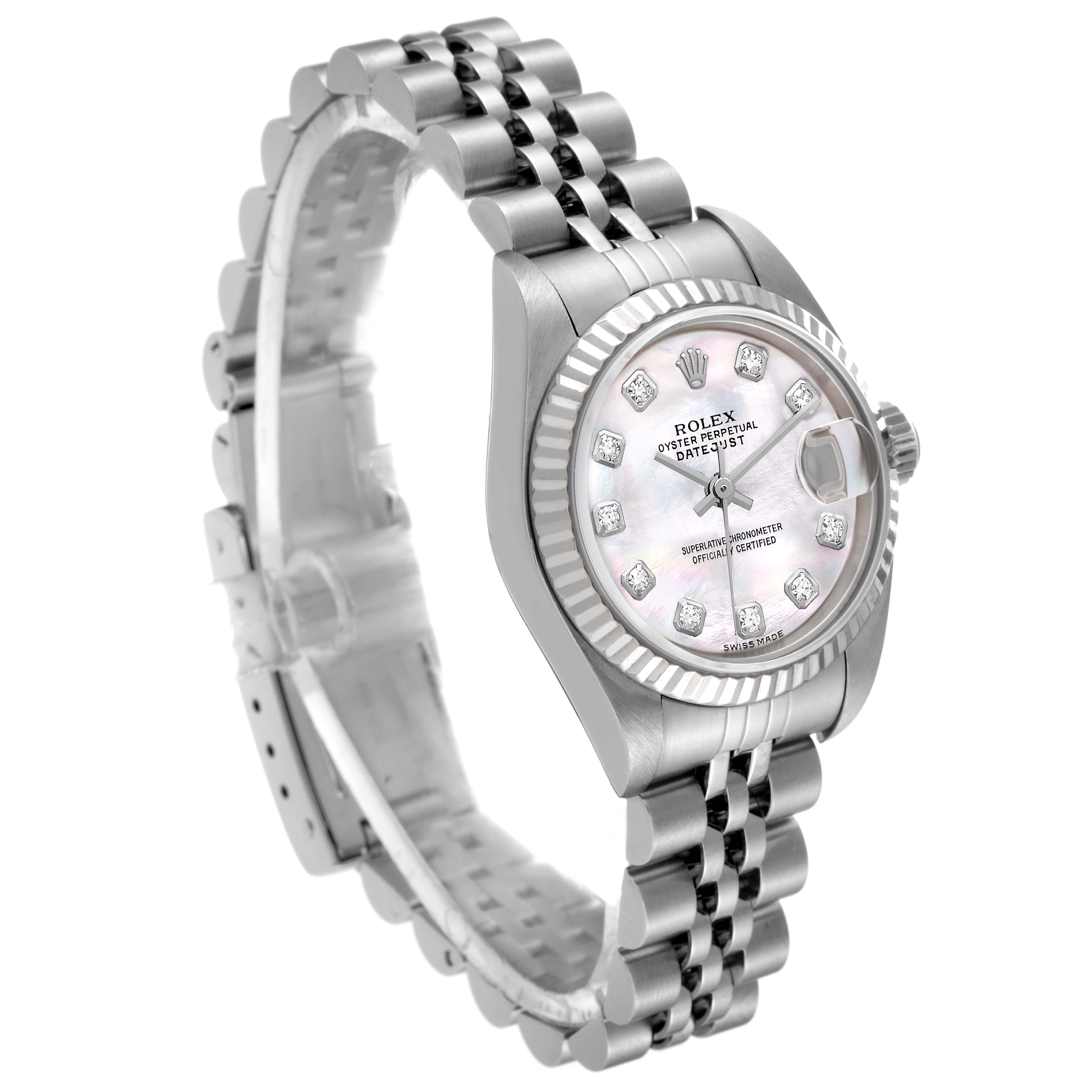 The image shows a Rolex Datejust 79174 Women's Stainless Steel Mother of Pearl Dial 79174 Women's Stainless Steel Mother of Pearl Dial watch angled slightly from the side, displaying the face, bezel, and bracelet.