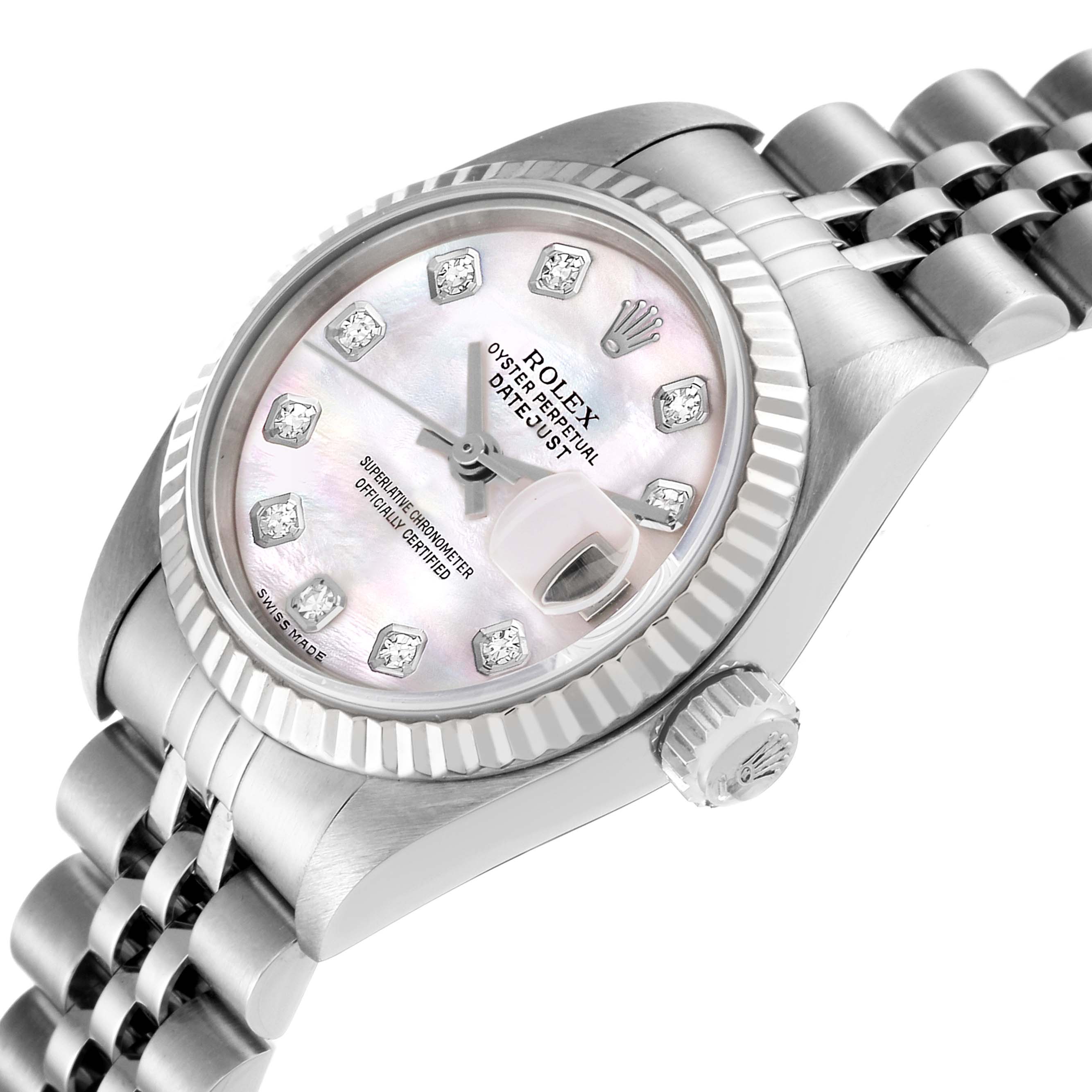 The image shows a close-up angle of a Rolex Datejust 79174 Women's Stainless Steel Mother of Pearl Dial 79174 Women's Stainless Steel Mother of Pearl Dial watch, highlighting the dial, bezel, and part of the bracelet.