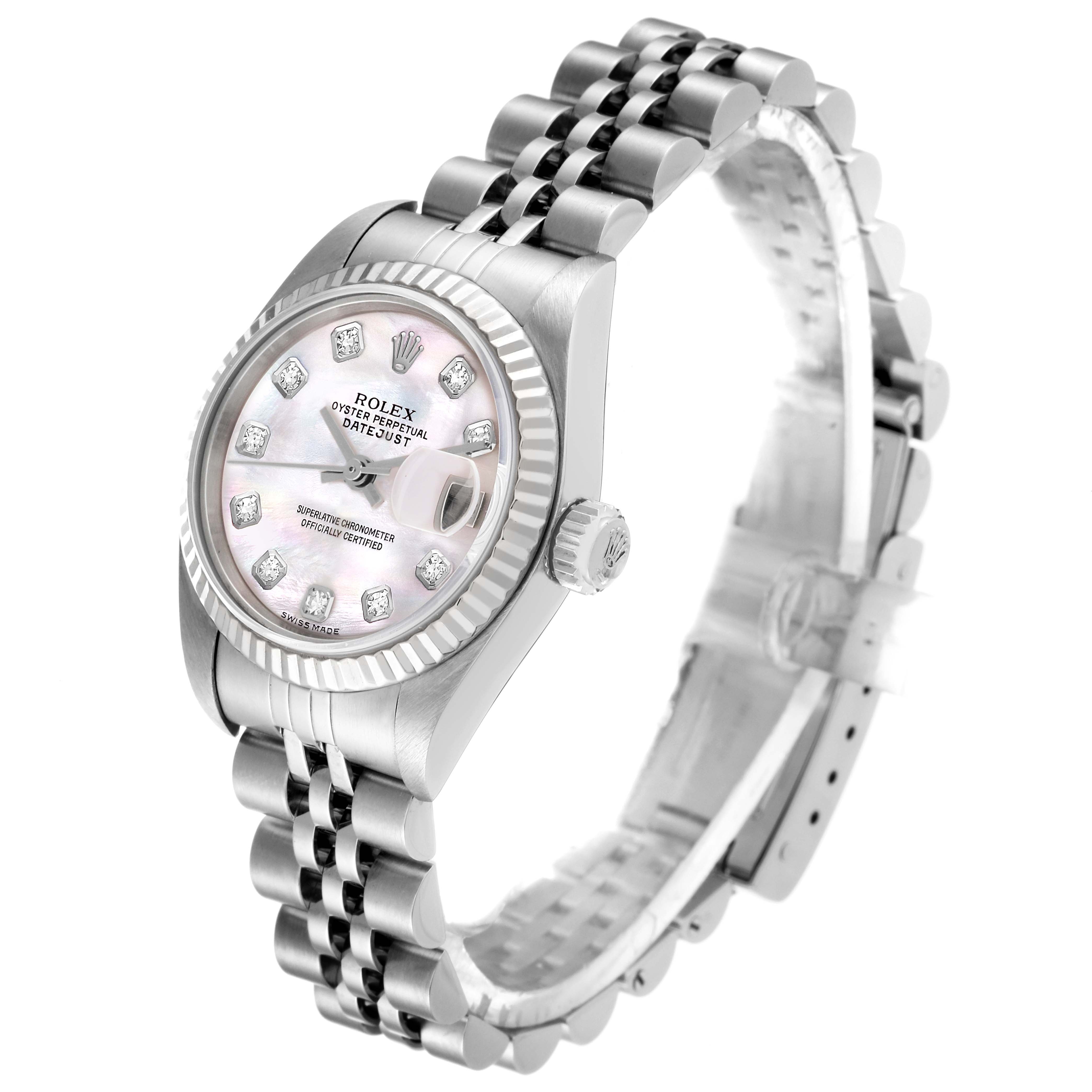 This image shows a side angle of the Rolex Datejust 79174 Women's Stainless Steel Mother of Pearl Dial 79174 Women's Stainless Steel Mother of Pearl Dial watch, displaying the dial, bezel, crown, and Jubilee bracelet.