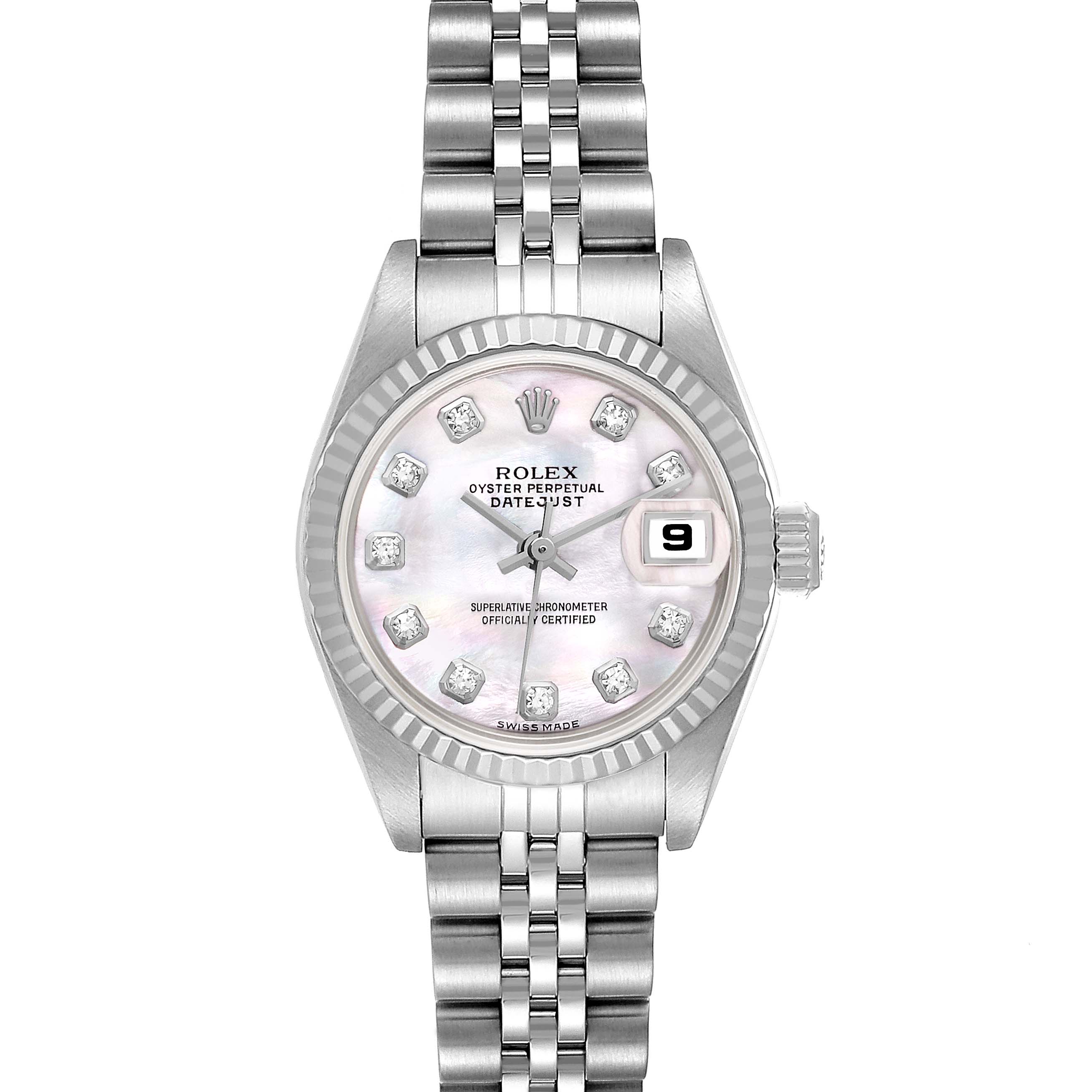 The image shows a top view of the Rolex Datejust 79174 Women's Stainless Steel Mother of Pearl Dial 79174 Women's Stainless Steel Mother of Pearl Dial watch, displaying the dial, bezel, bracelet, and date window.