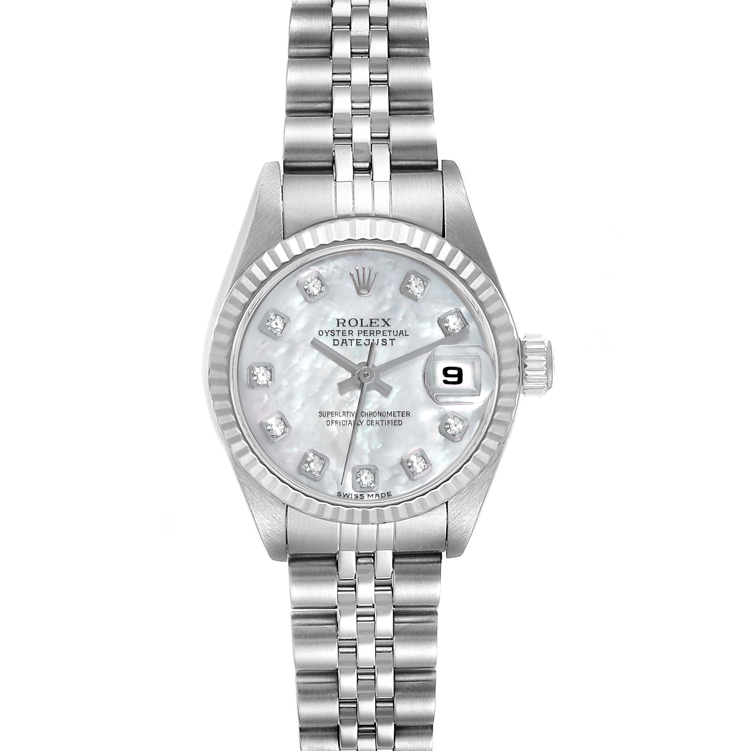 The image shows a frontal view of the Rolex Datejust 79174 Women's Stainless Steel Mother of Pearl Dial 79174 Women's Stainless Steel Mother of Pearl Dial watch, highlighting its dial, bezel, and bracelet.