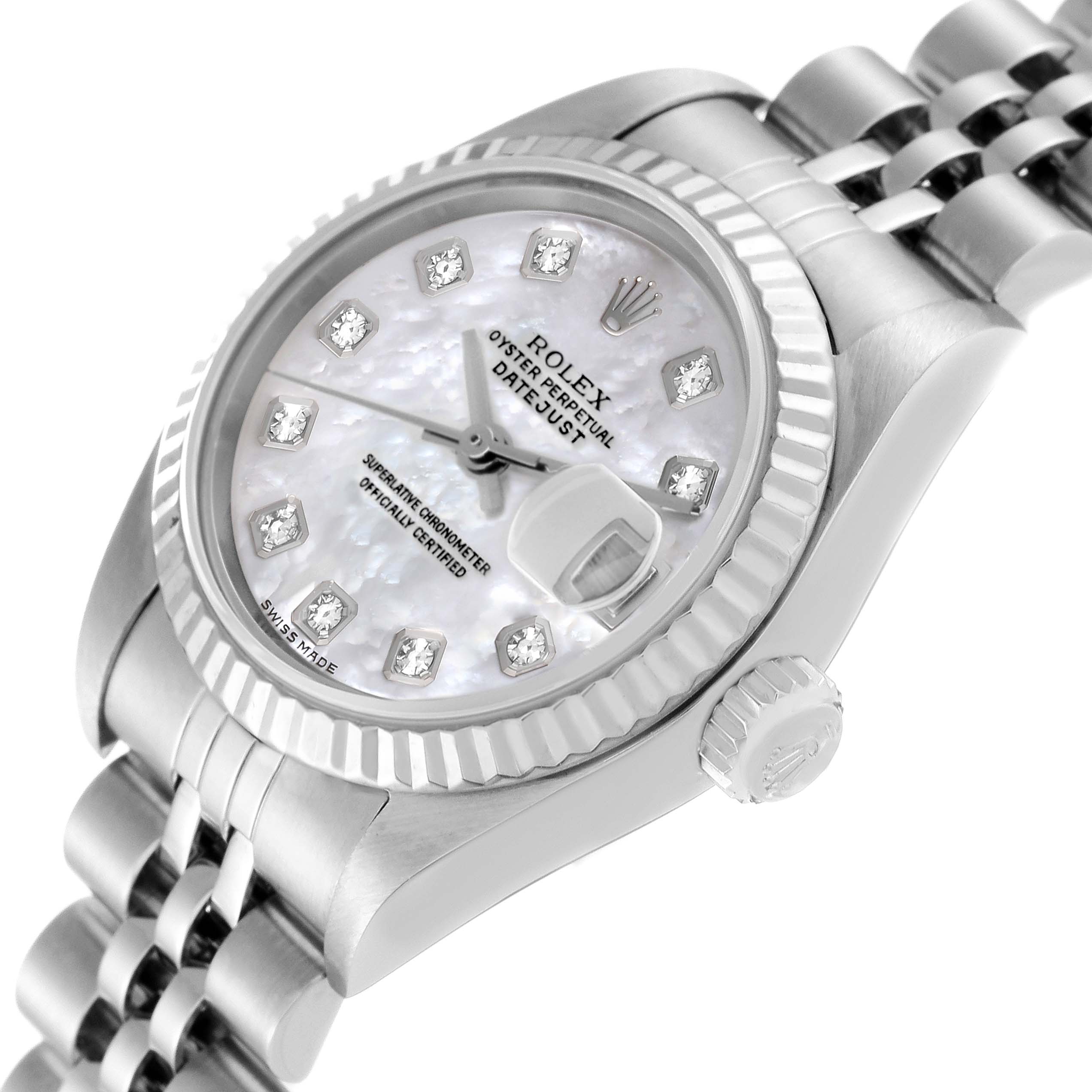 The image shows a close-up angled view of the Rolex Datejust 79174 Women's Stainless Steel Mother of Pearl Dial 79174 Women's Stainless Steel Mother of Pearl Dial watch, displaying the dial, bracelet, and crown.
