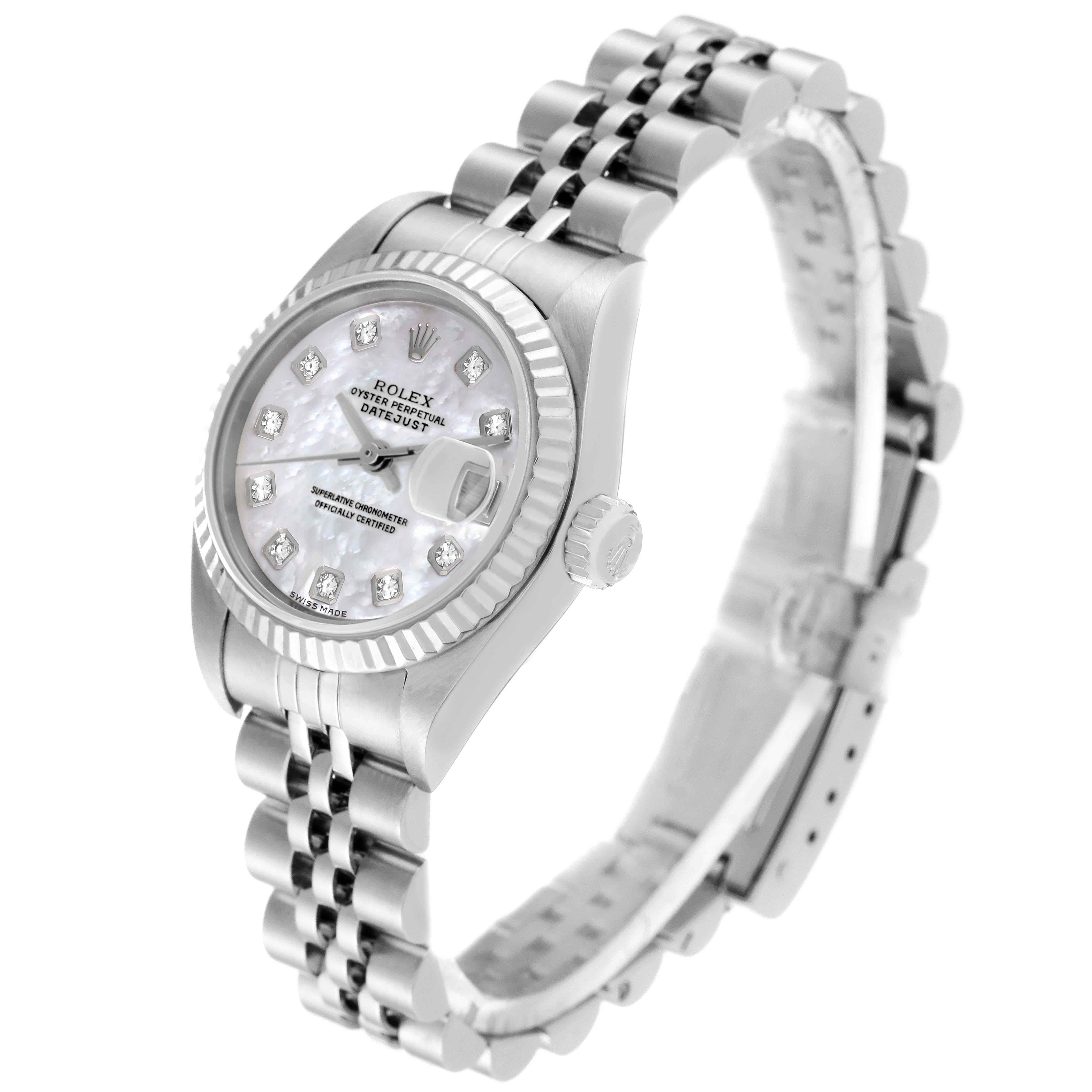 The image shows a side and front view of a Rolex Datejust 79174 Women's Stainless Steel Mother of Pearl Dial 79174 Women's Stainless Steel Mother of Pearl Dial watch, highlighting the face, bezel, crown, and Jubilee bracelet.