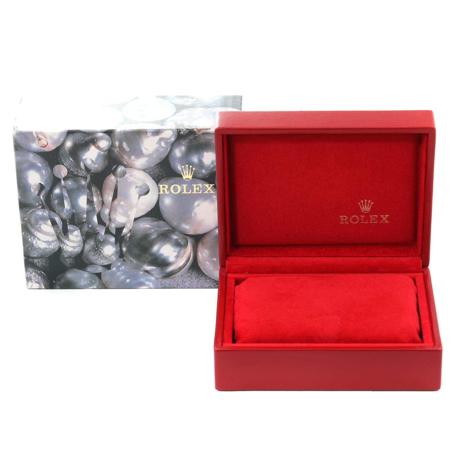 The image shows the packaging of a Rolex Datejust 79174 Women's Stainless Steel Mother of Pearl Dial 79174 Women's Stainless Steel Mother of Pearl Dial watch, including a red watch box and an outer box with a Rolex logo.