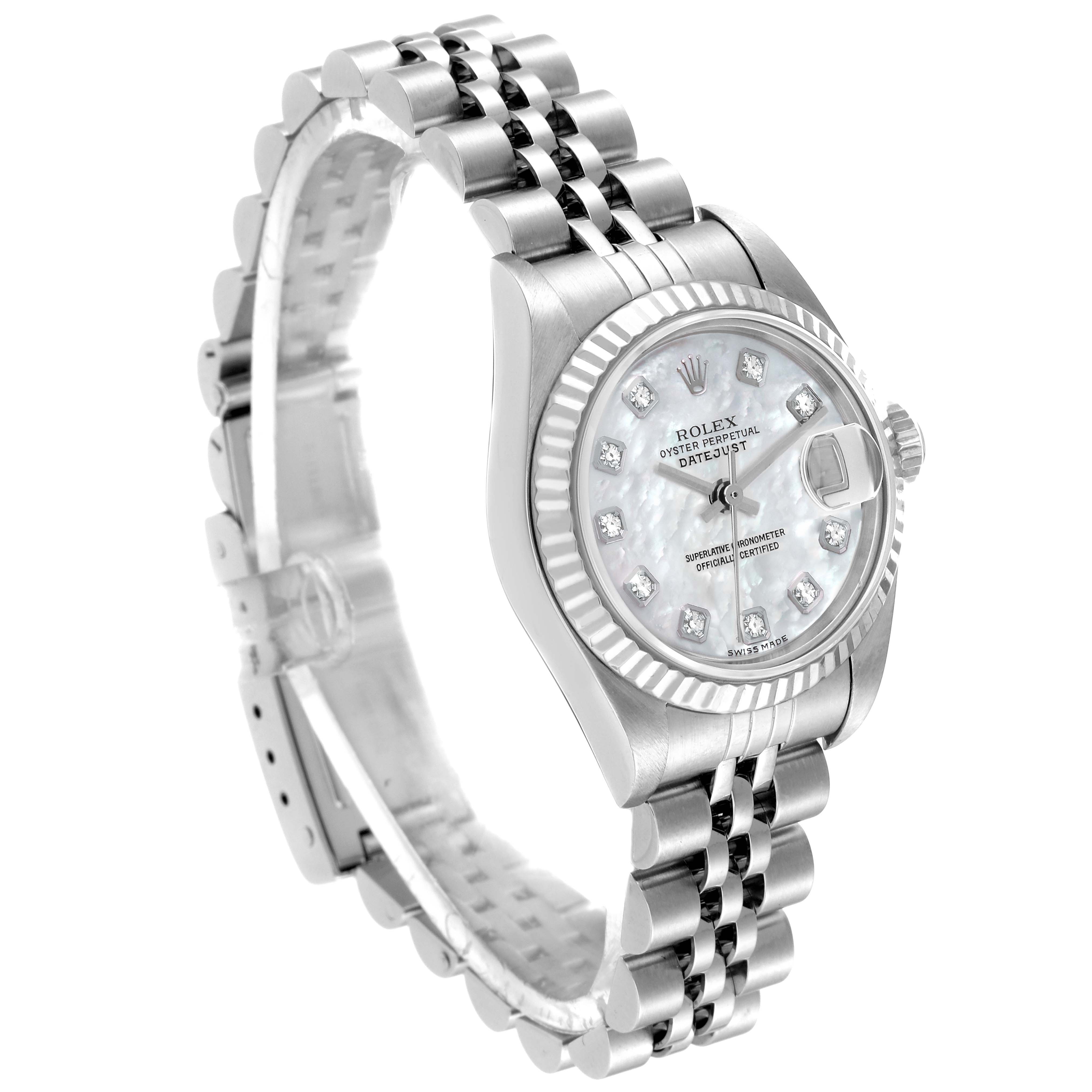 The Rolex Datejust 79174 Women's Stainless Steel Mother of Pearl Dial 79174 Women's Stainless Steel Mother of Pearl Dial model watch is shown at a slight angle, displaying the bracelet, dial, and fluted bezel.