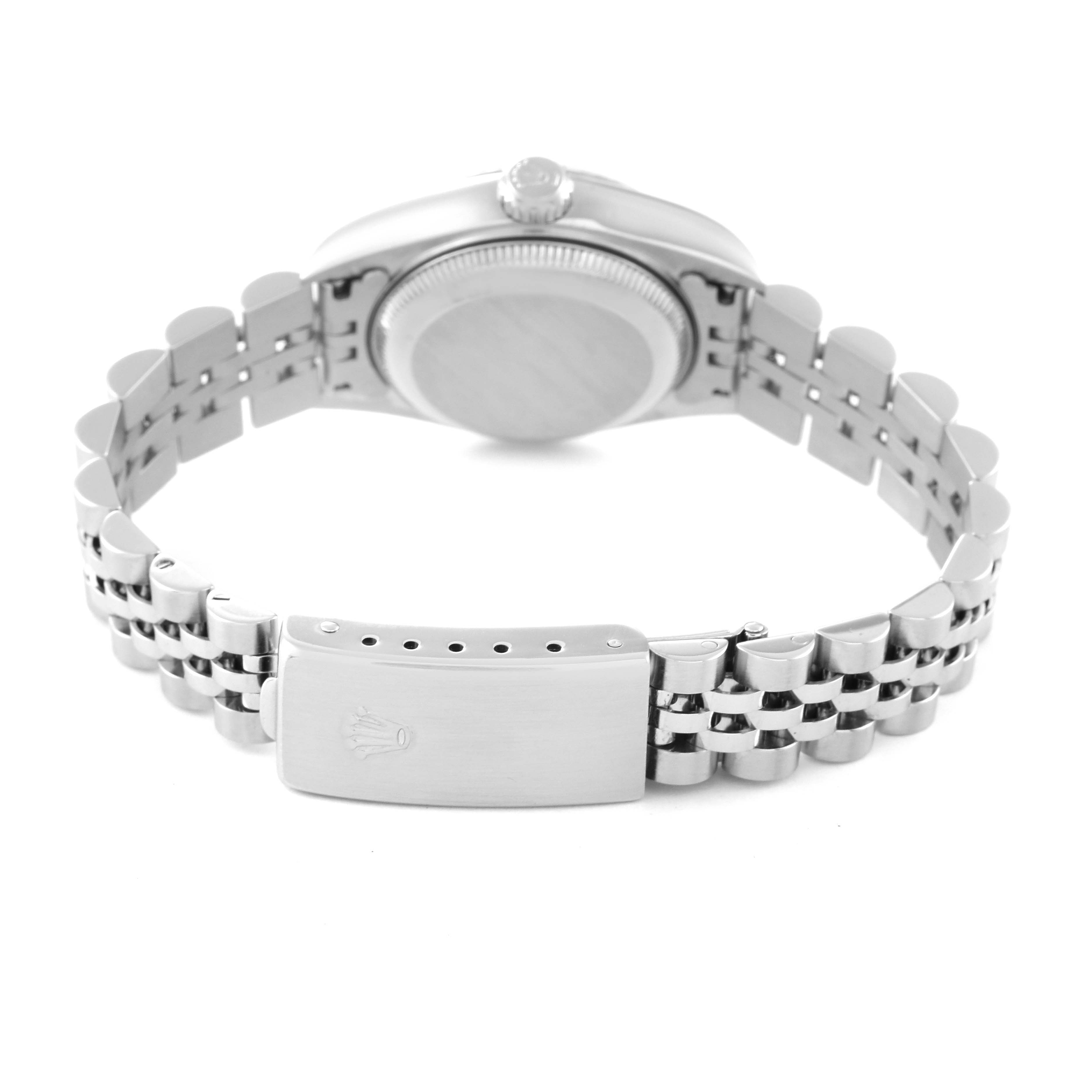 The image shows the back and clasp of a Rolex Datejust 79174 Women's Stainless Steel Mother of Pearl Dial 79174 Women's Stainless Steel Mother of Pearl Dial watch, displaying the bracelet and crown logo on the clasp.