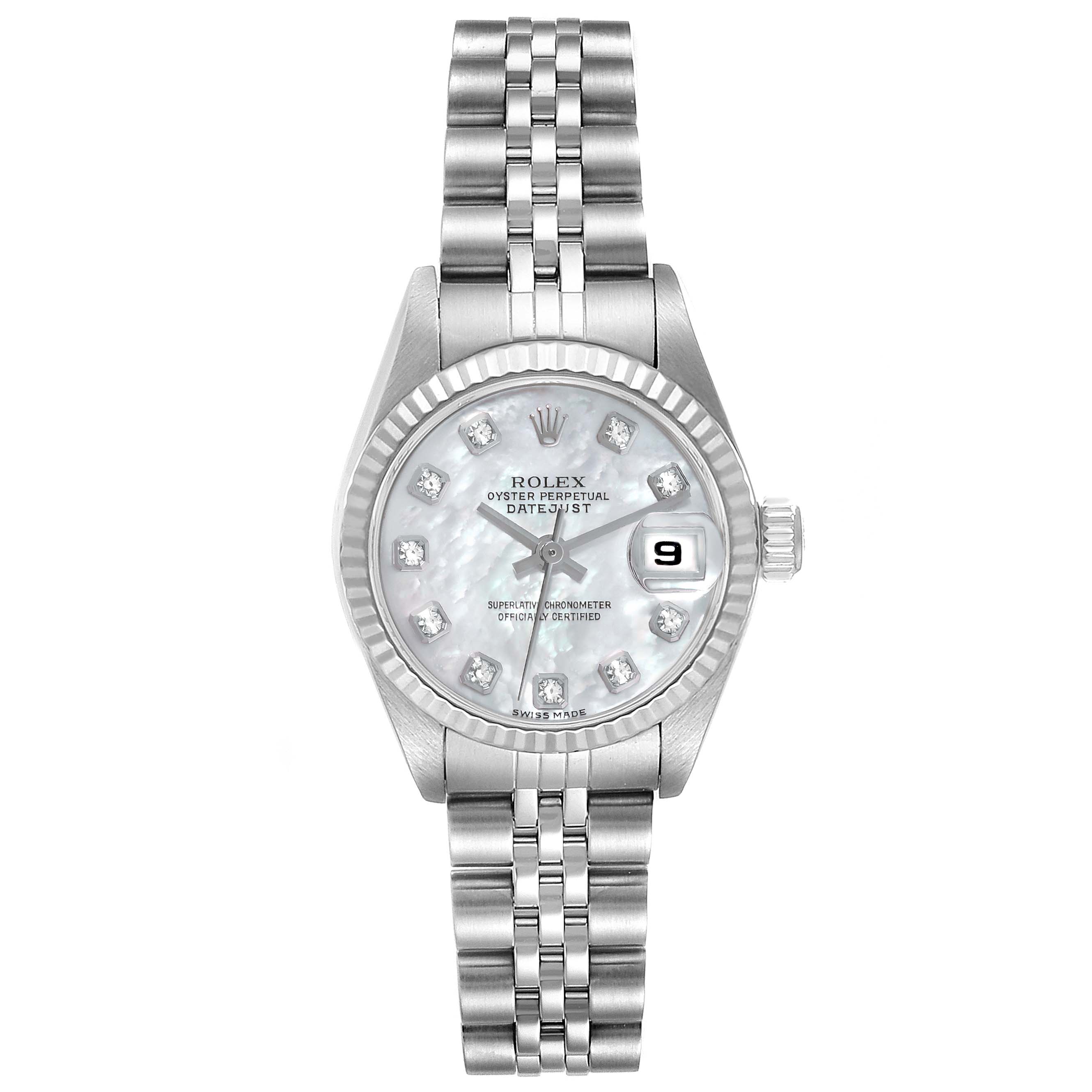 This image shows a front view of the Rolex Datejust 79174 Women's Stainless Steel Mother of Pearl Dial 79174 Women's Stainless Steel Mother of Pearl Dial watch, including the dial, bezel, and bracelet.
