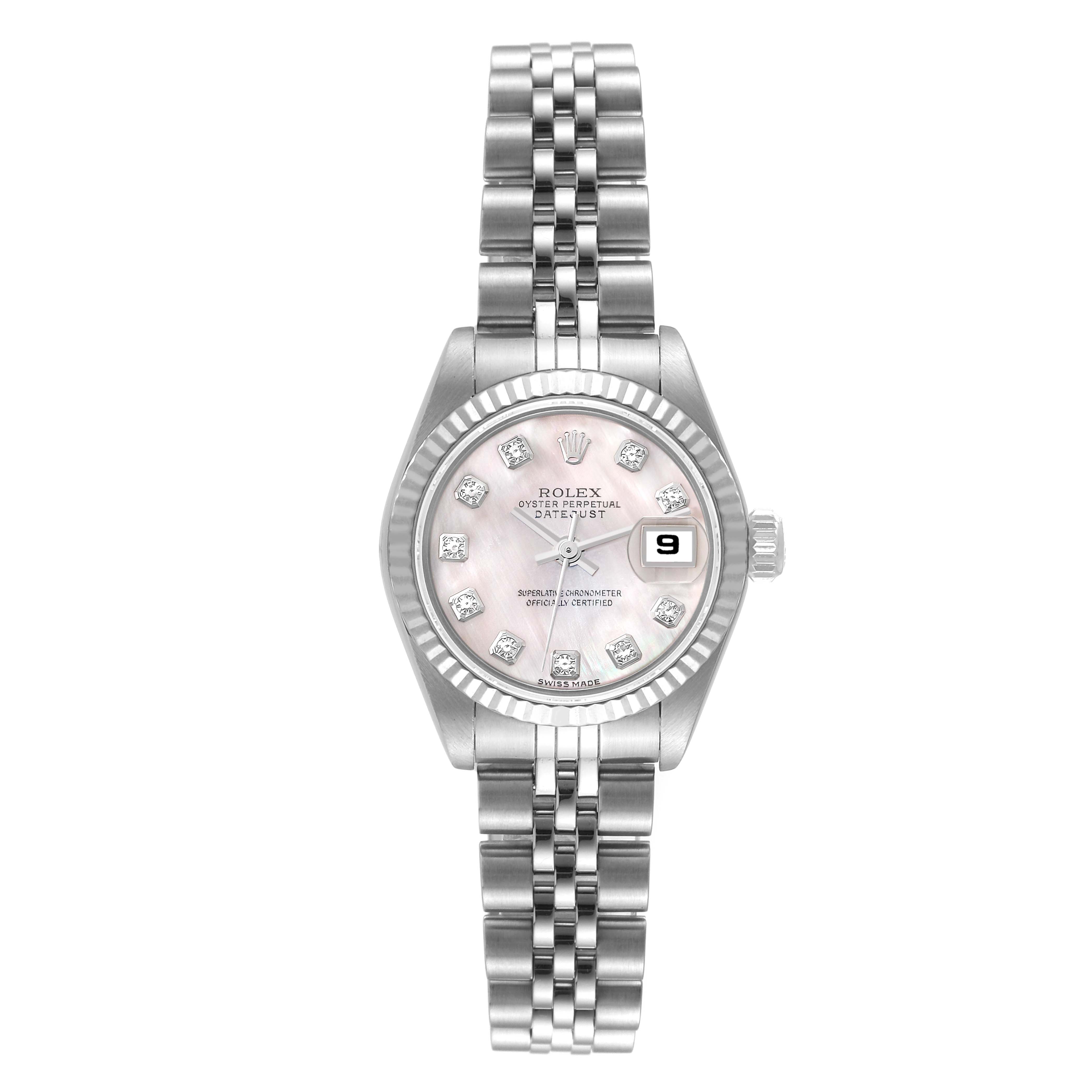 This image shows a front view of the Rolex Datejust 79174 Women's Stainless Steel Mother of Pearl Dial 79174 Women's Stainless Steel Mother of Pearl Dial watch, highlighting the dial, bezel, case, bracelet, and date window.