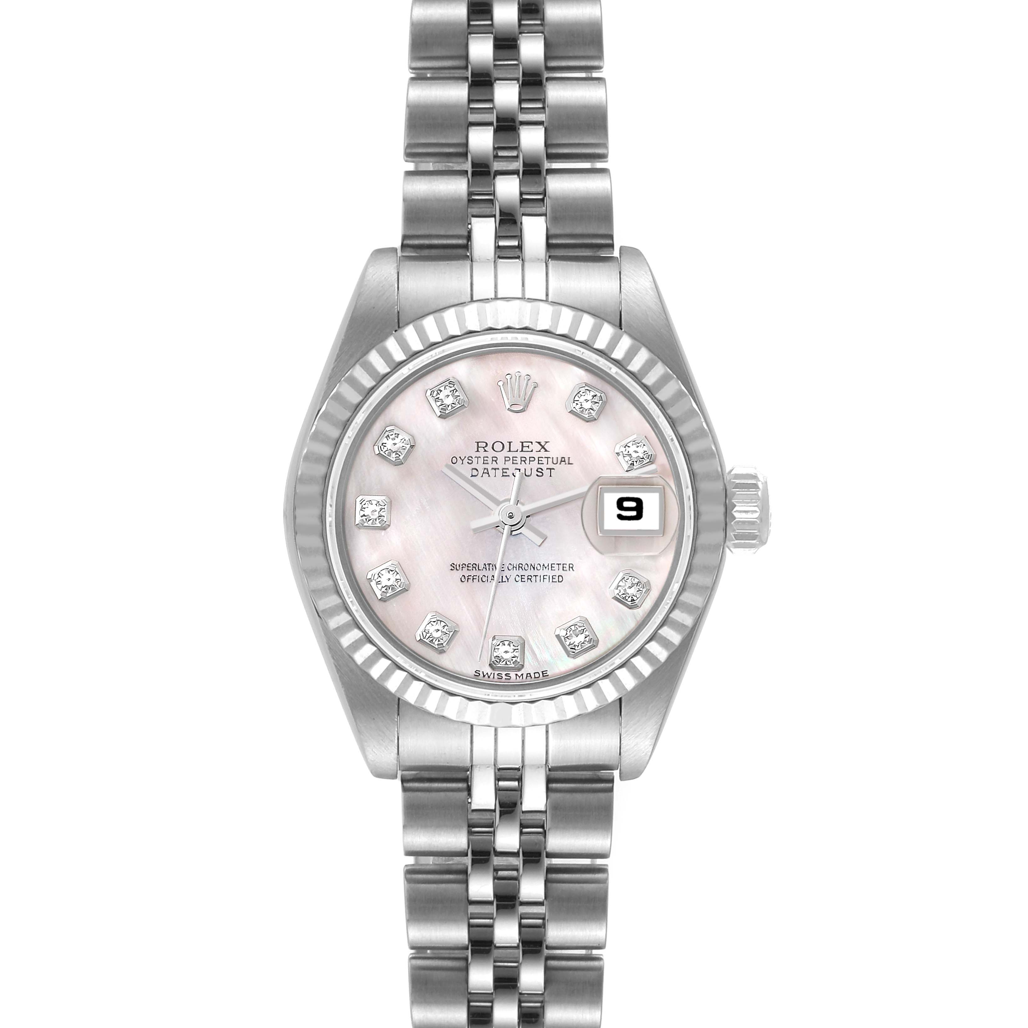 The image shows a front view of the Rolex Datejust 79174 Women's Stainless Steel Mother of Pearl Dial 79174 Women's Stainless Steel Mother of Pearl Dial watch, highlighting its face, bezel, bracelet, and date window.