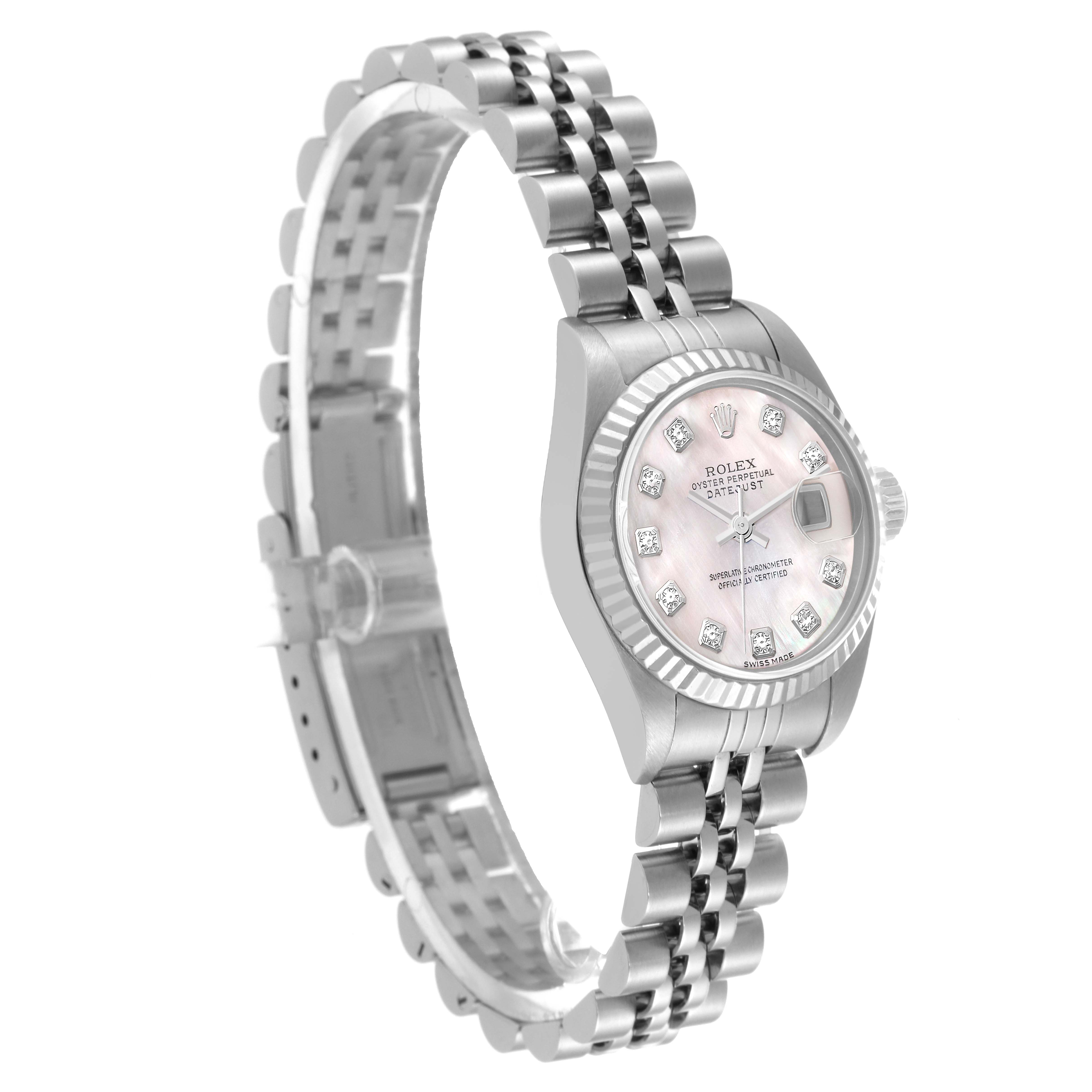 The image shows a side angle of a Rolex Datejust 79174 Women's Stainless Steel Mother of Pearl Dial 79174 Women's Stainless Steel Mother of Pearl Dial watch, highlighting its bracelet, dial, and fluted bezel.