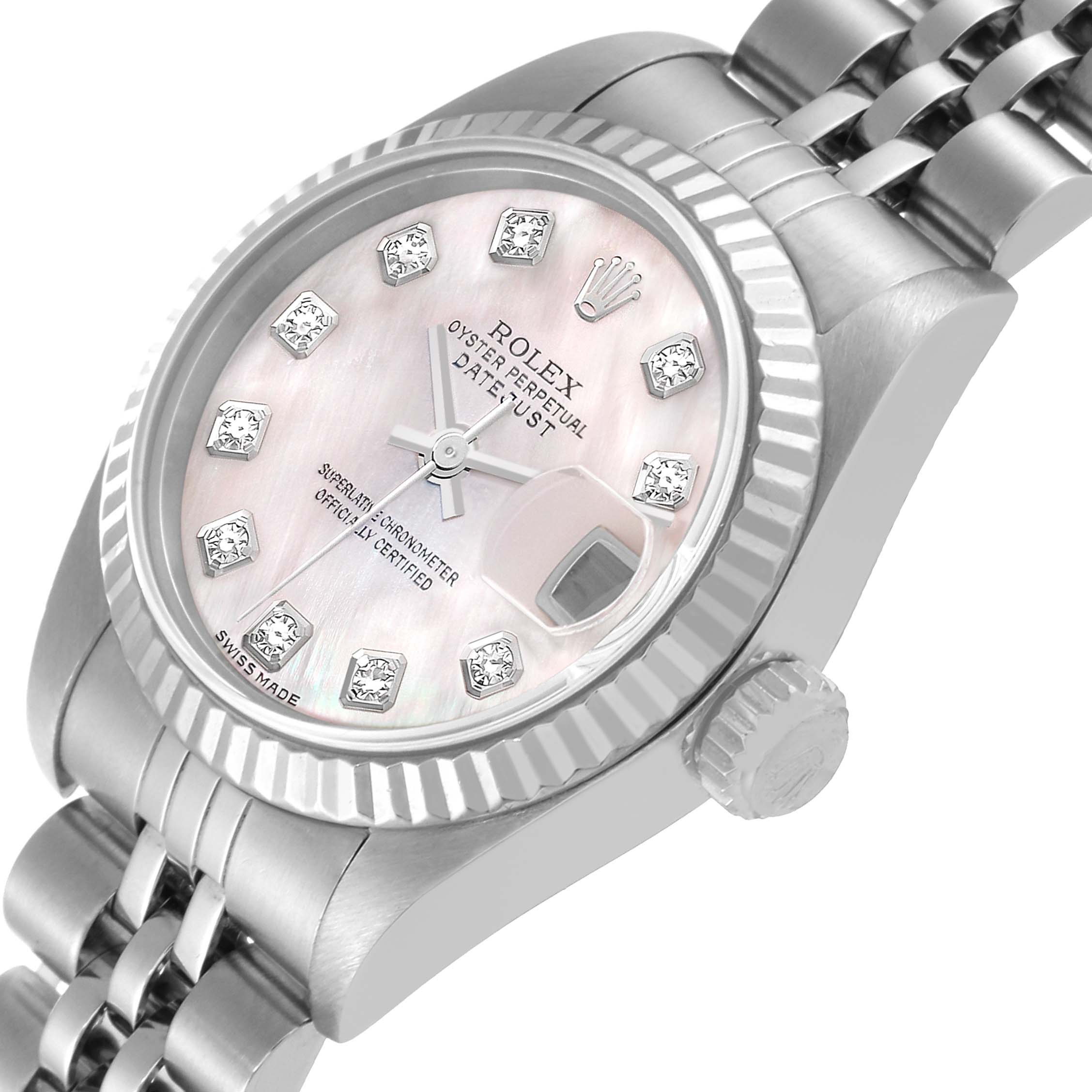 The image shows a close-up of the Rolex Datejust 79174 Women's Stainless Steel Mother of Pearl Dial 79174 Women's Stainless Steel Mother of Pearl Dial watch face and part of the bracelet, viewed from an angled perspective.