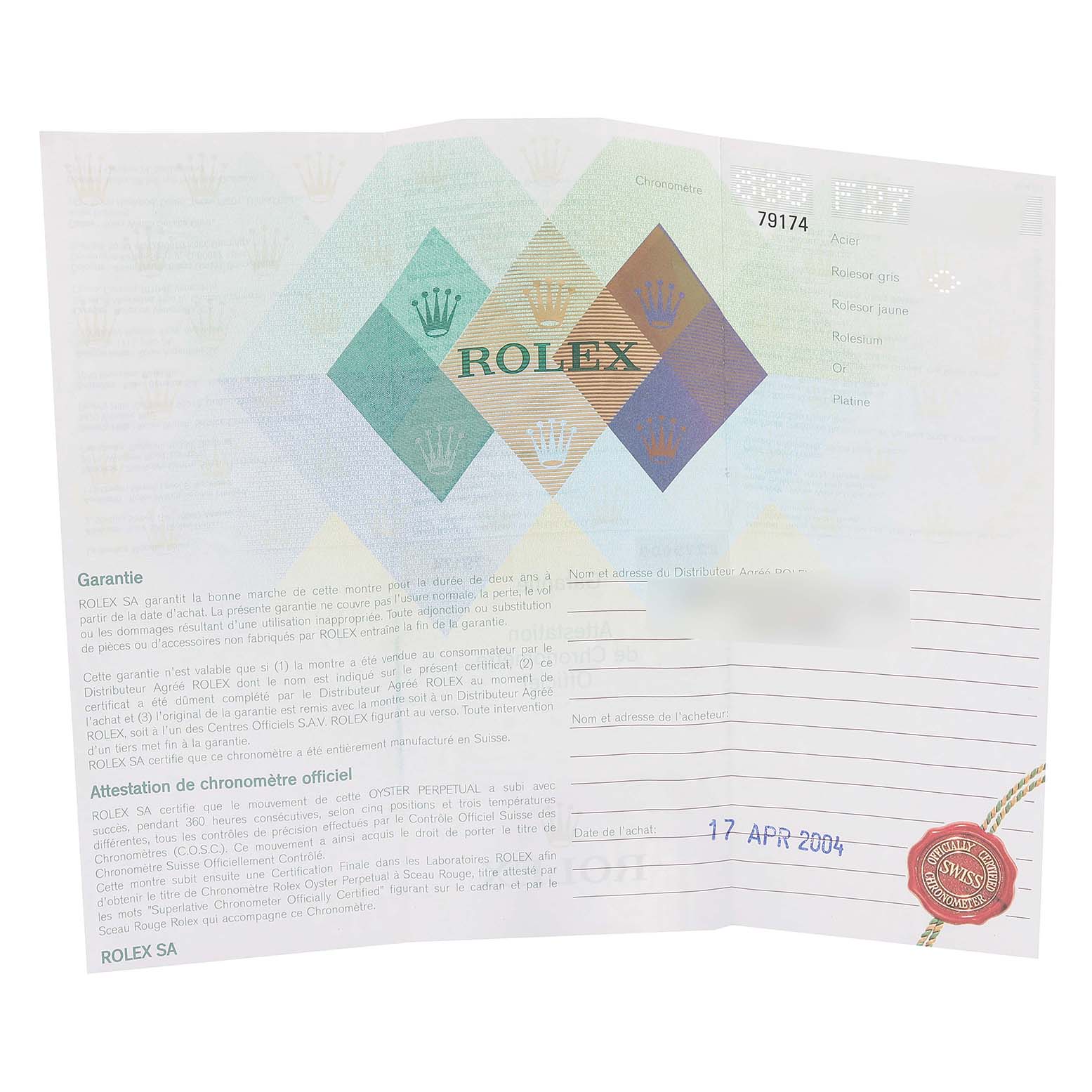 This image shows the warranty card for a Rolex Datejust 79174 Women's Stainless Steel Mother of Pearl Dial 79174 Women's Stainless Steel Mother of Pearl Dial model, including purchase details and authenticity seals.