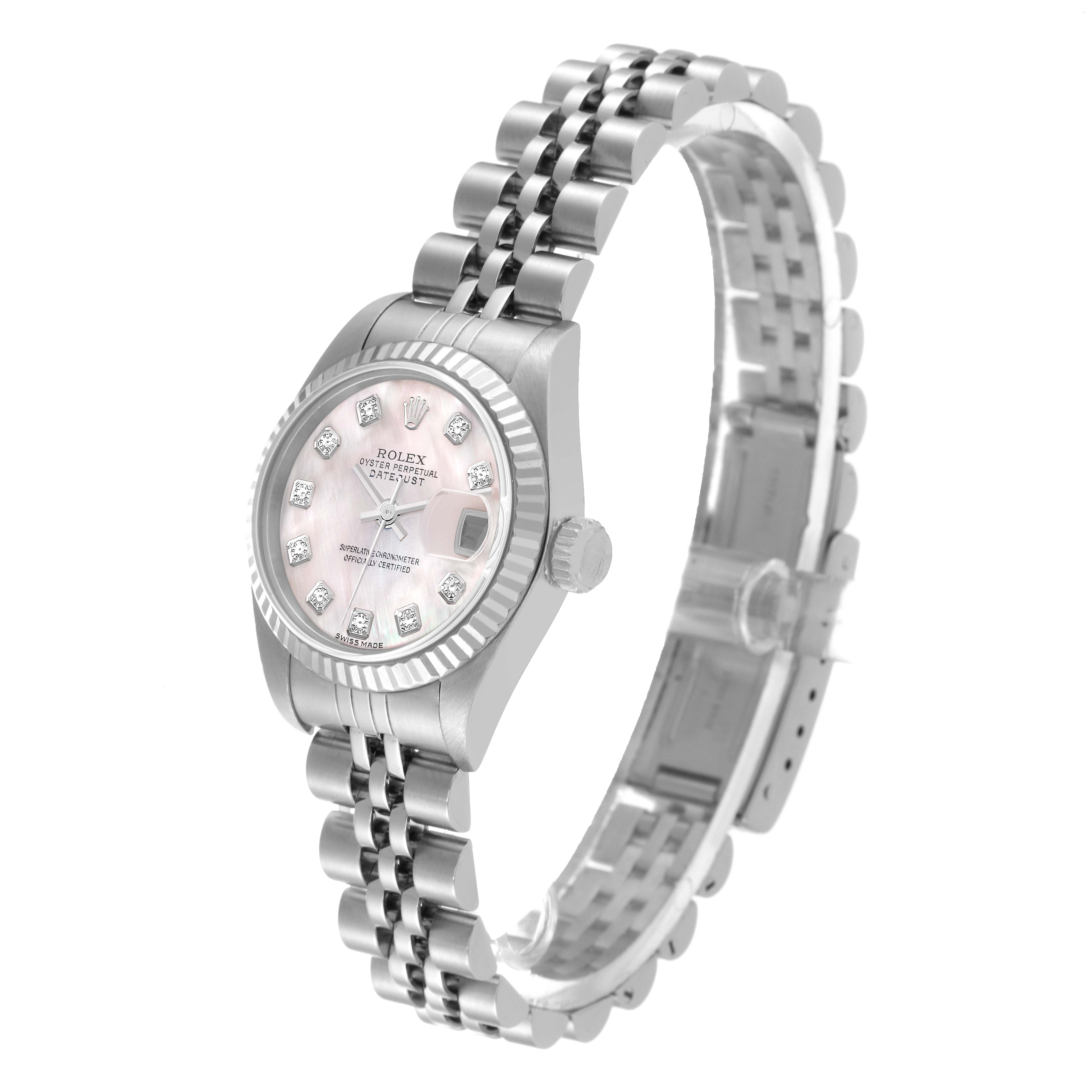 This image shows a Rolex Datejust 79174 Women's Stainless Steel Mother of Pearl Dial 79174 Women's Stainless Steel Mother of Pearl Dial watch from an oblique angle, highlighting its dial, bezel, and bracelet.