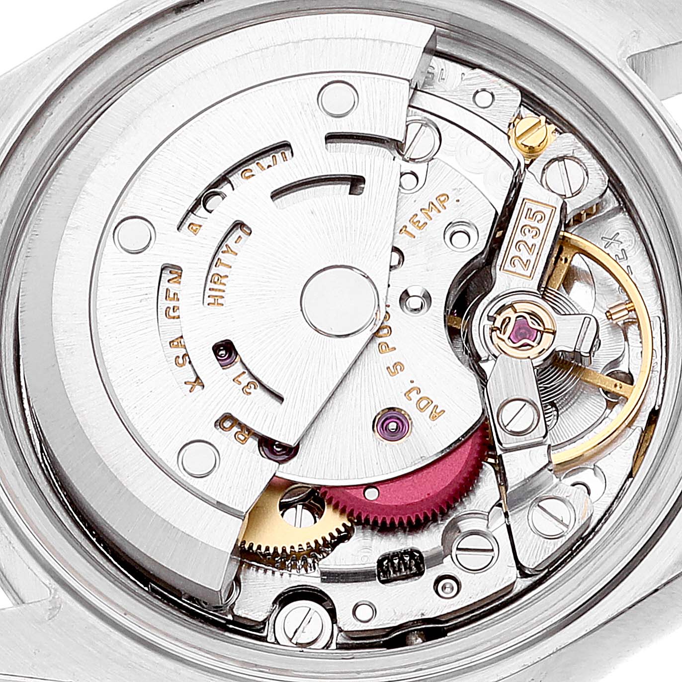 This is a close-up view of the movement in the Rolex Datejust 79174 Women's Stainless Steel Mother of Pearl Dial 79174 Women's Stainless Steel Mother of Pearl Dial watch.