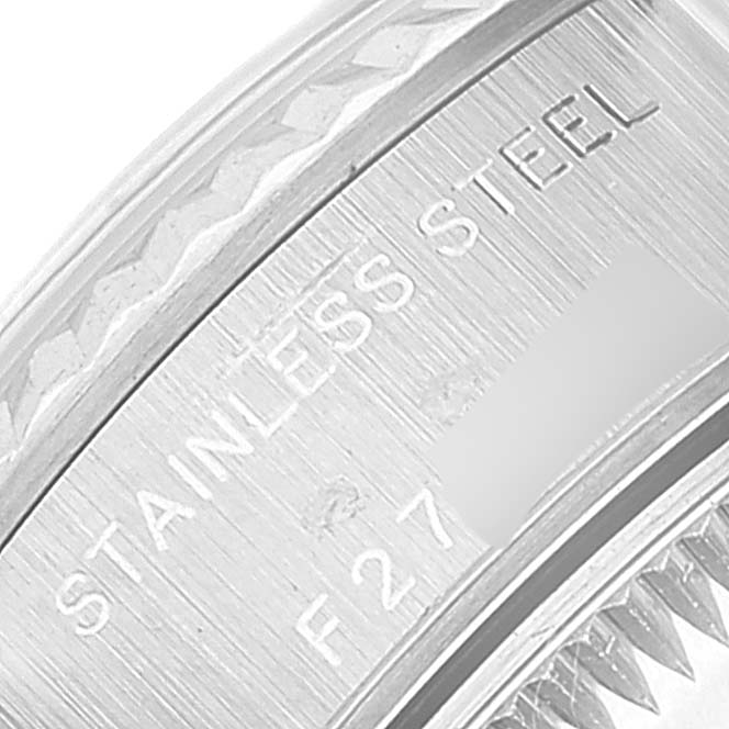 The image shows a close-up of the stainless steel part of a Rolex Datejust 79174 Women's Stainless Steel Mother of Pearl Dial 79174 Women's Stainless Steel Mother of Pearl Dial watch.
