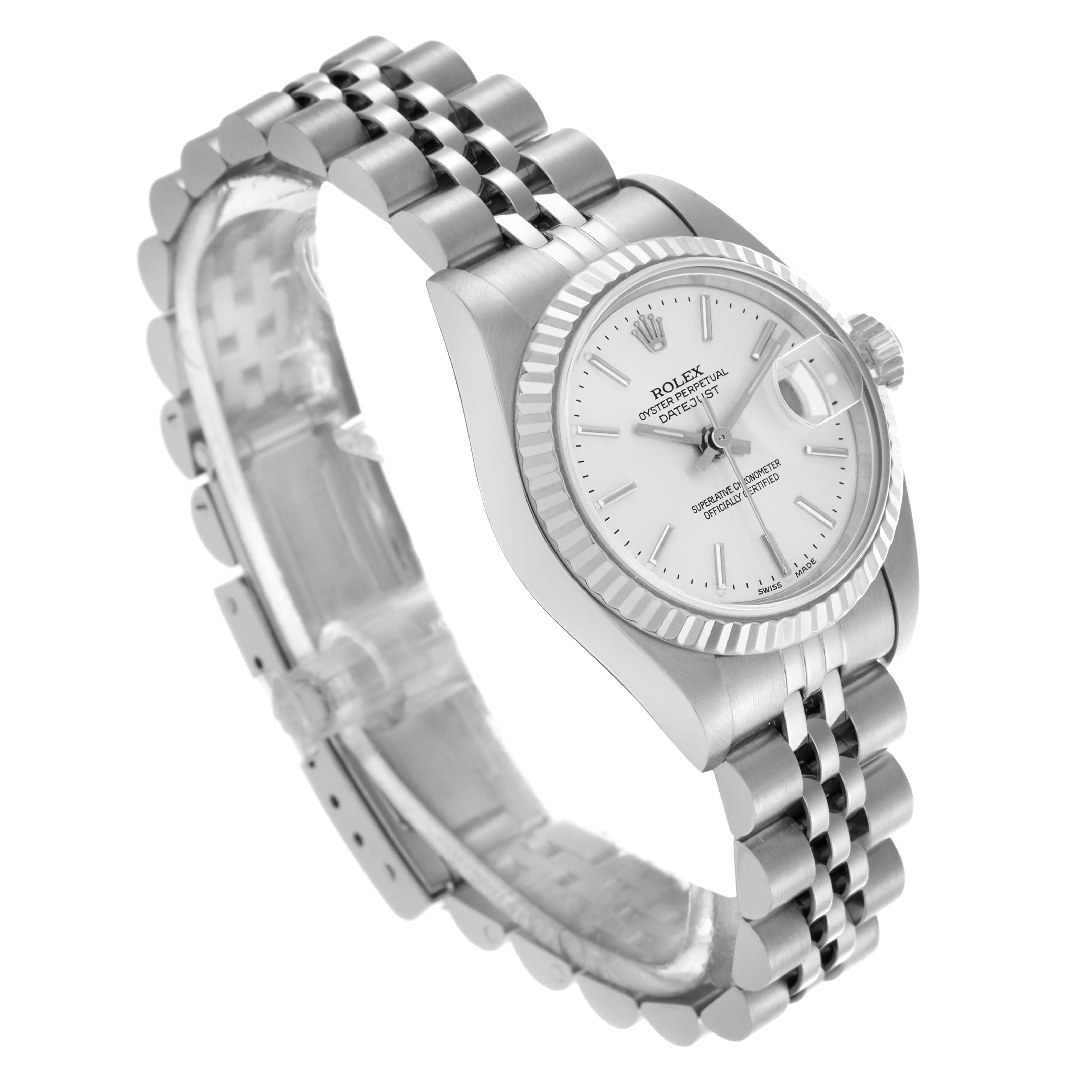 The Rolex Datejust 79174 Women's Stainless Steel Silver Dial 79174 Women's Stainless Steel Silver Dial watch is shown at a three-quarter angle, highlighting the dial, bezel, and bracelet.