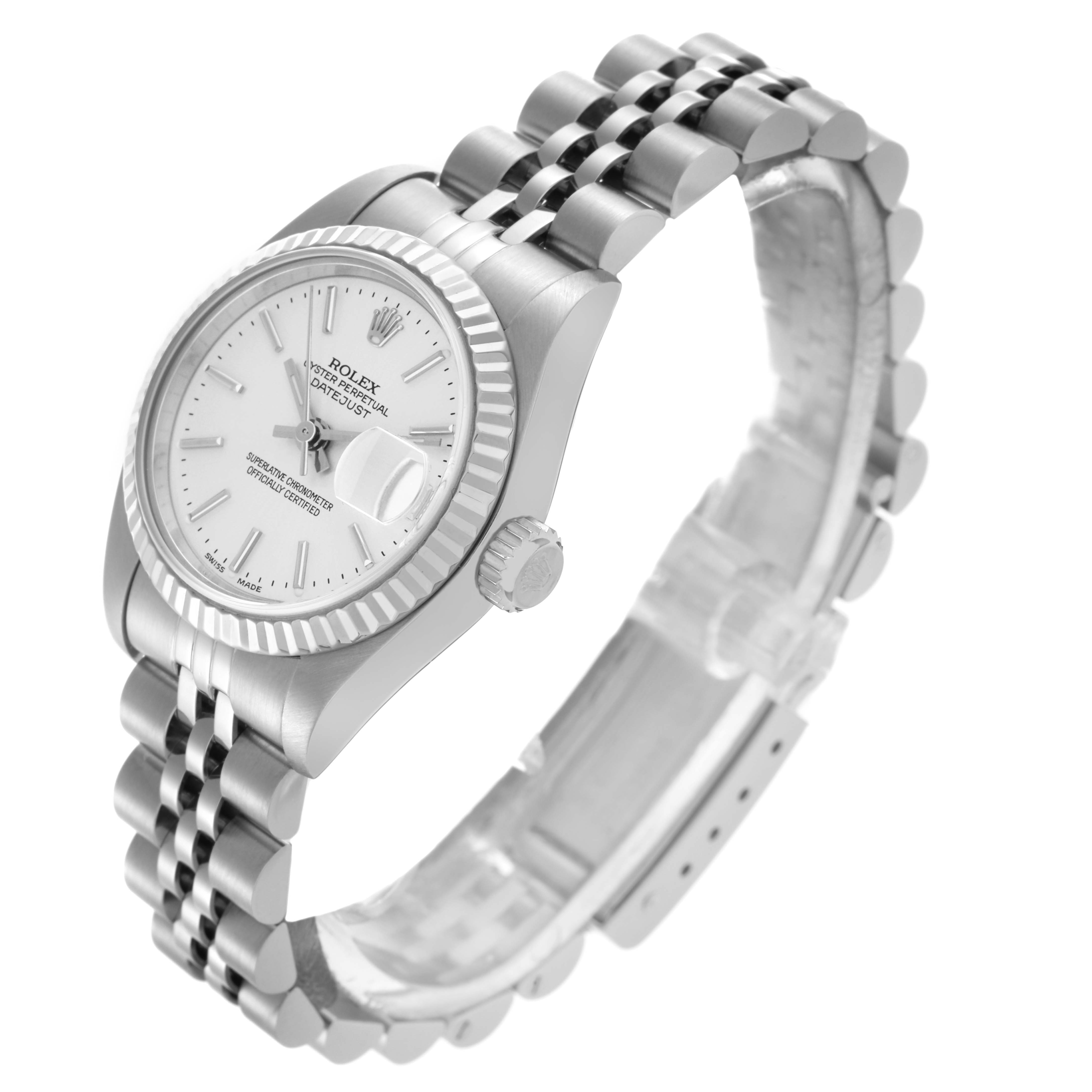 The Rolex Datejust 79174 Women's Stainless Steel Silver Dial 79174 Women's Stainless Steel Silver Dial watch is shown at a three-quarter angle, highlighting the dial, bezel, crown, and bracelet.