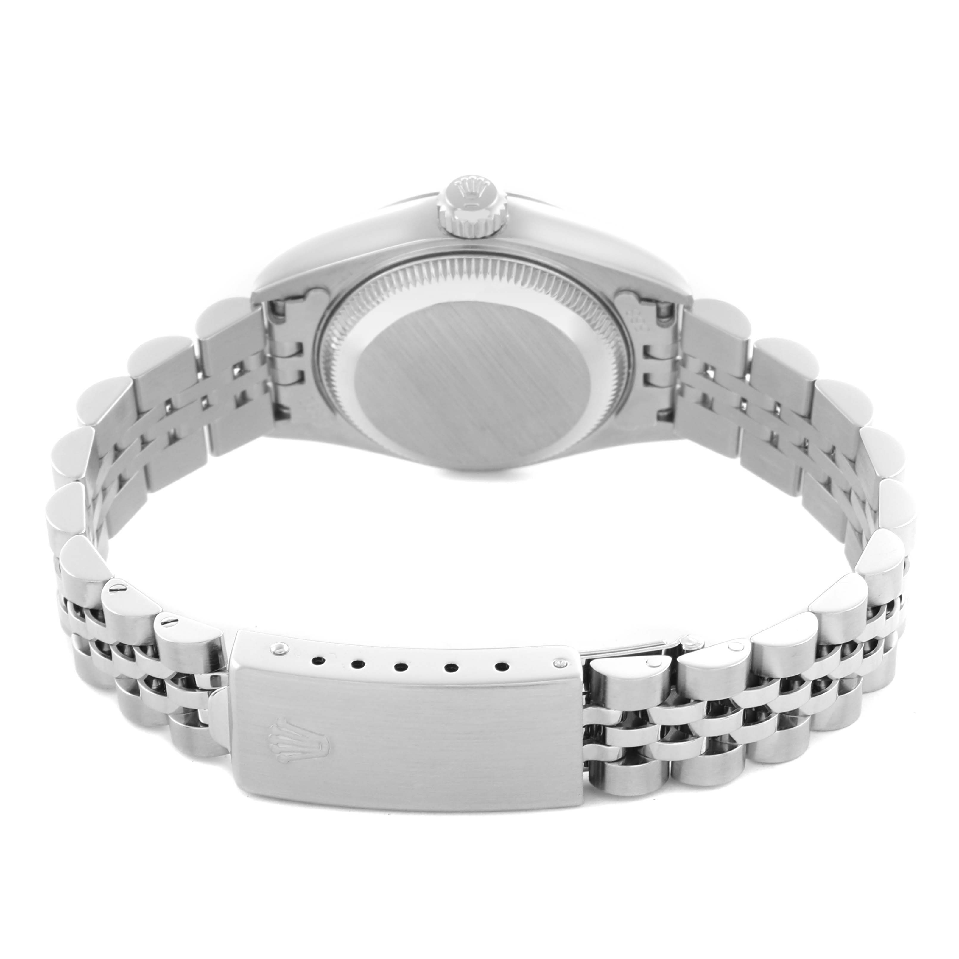 The image shows a Rolex Datejust 79174 Women's Stainless Steel Silver Dial 79174 Women's Stainless Steel Silver Dial watch from the back, highlighting its bracelet and clasp.