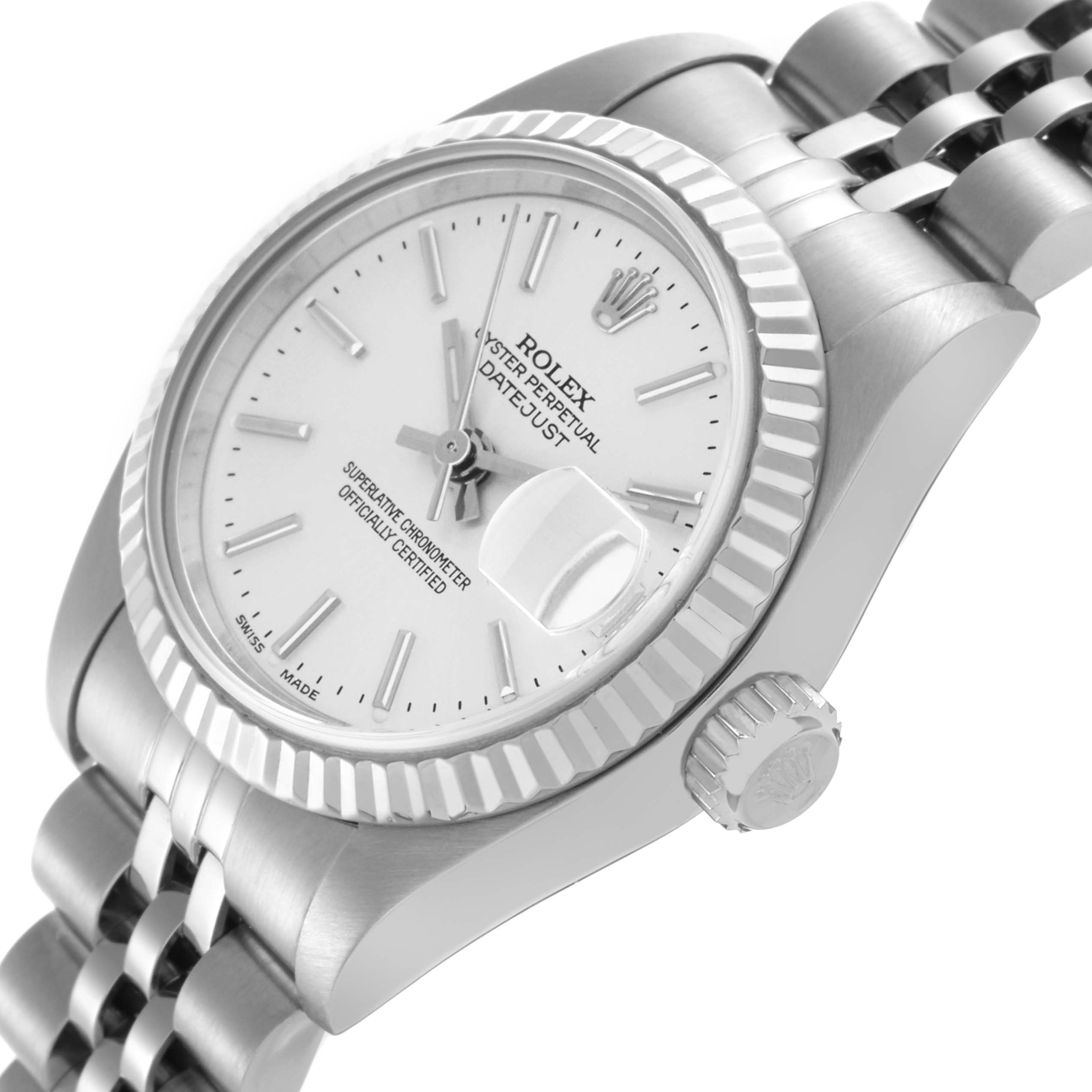 The Rolex Datejust 79174 Women's Stainless Steel Silver Dial 79174 Women's Stainless Steel Silver Dial watch is shown at a side angle, displaying the bezel, dial, crown, and part of the bracelet.