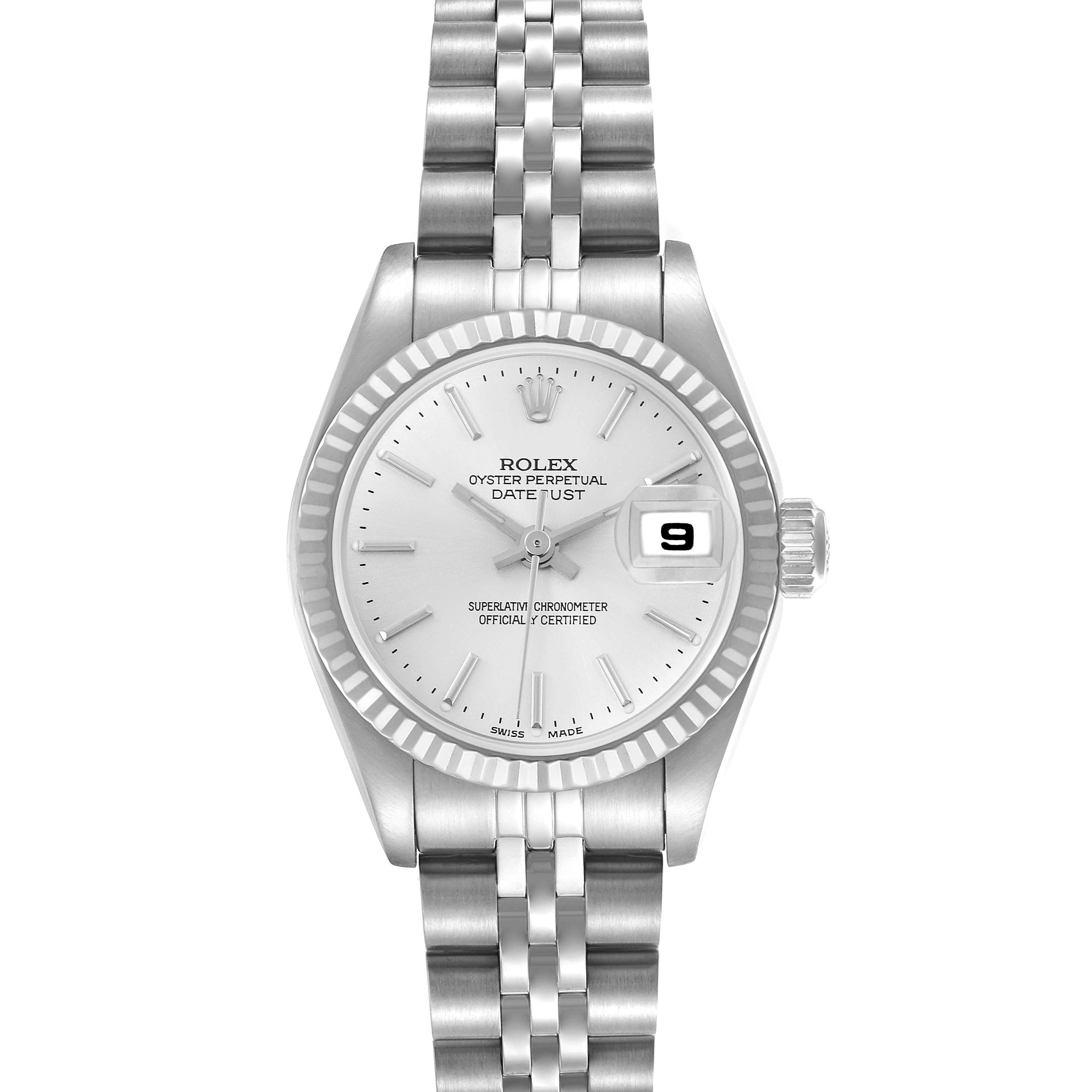 The Rolex Datejust 79174 Women's Stainless Steel Silver Dial 79174 Women's Stainless Steel Silver Dial watch is shown from a front angle, highlighting the dial, bezel, and bracelet.