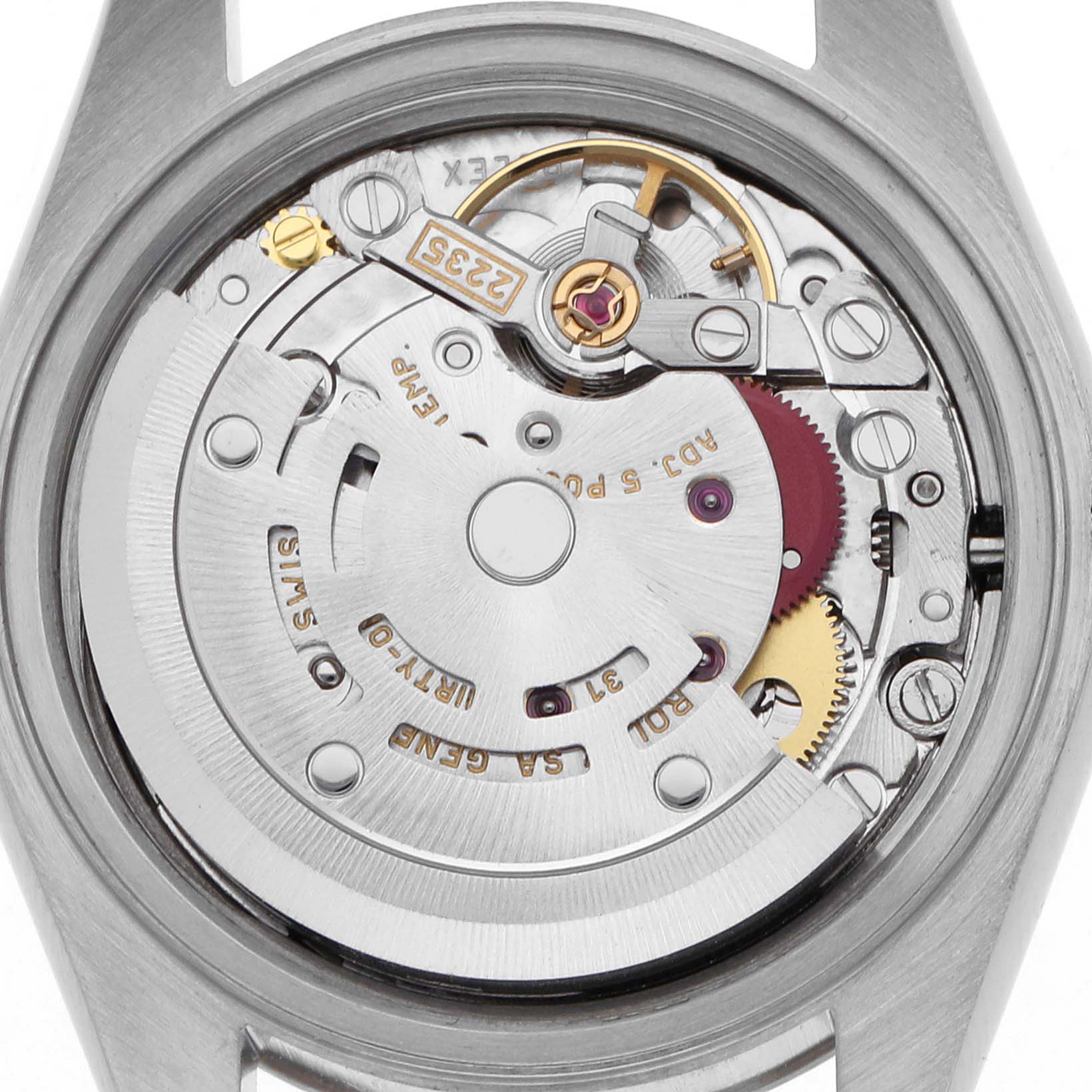 The image shows a close-up of the Rolex Datejust 79174 Women's Stainless Steel Silver Dial 79174 Women's Stainless Steel Silver Dial's movement from the back.