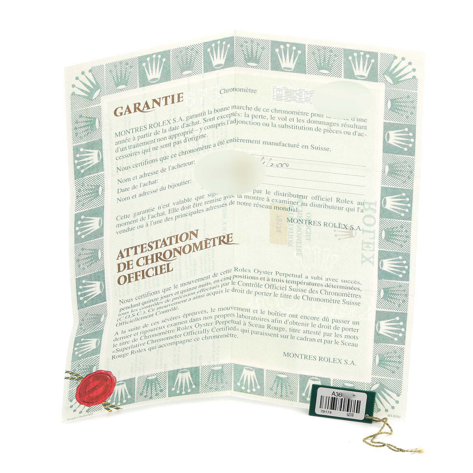 The image shows the warranty and chronometer certification for a Rolex Datejust 79174 Women's Stainless Steel Silver Dial 79174 Women's Stainless Steel Silver Dial, featuring a folded document with branding.