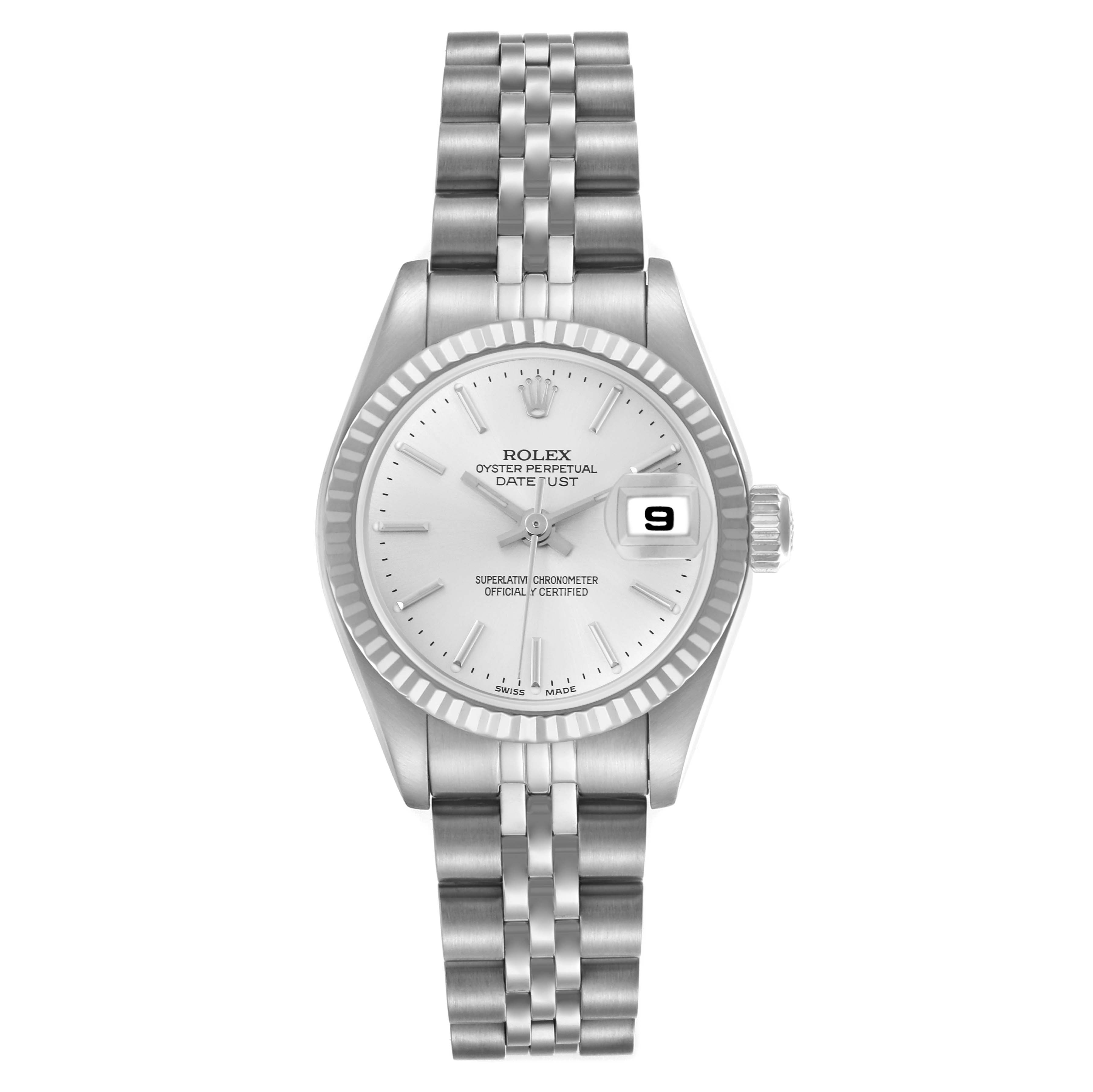 The Rolex Datejust 79174 Women's Stainless Steel Silver Dial 79174 Women's Stainless Steel Silver Dial watch is shown from a top view, displaying the dial, fluted bezel, and Jubilee bracelet.
