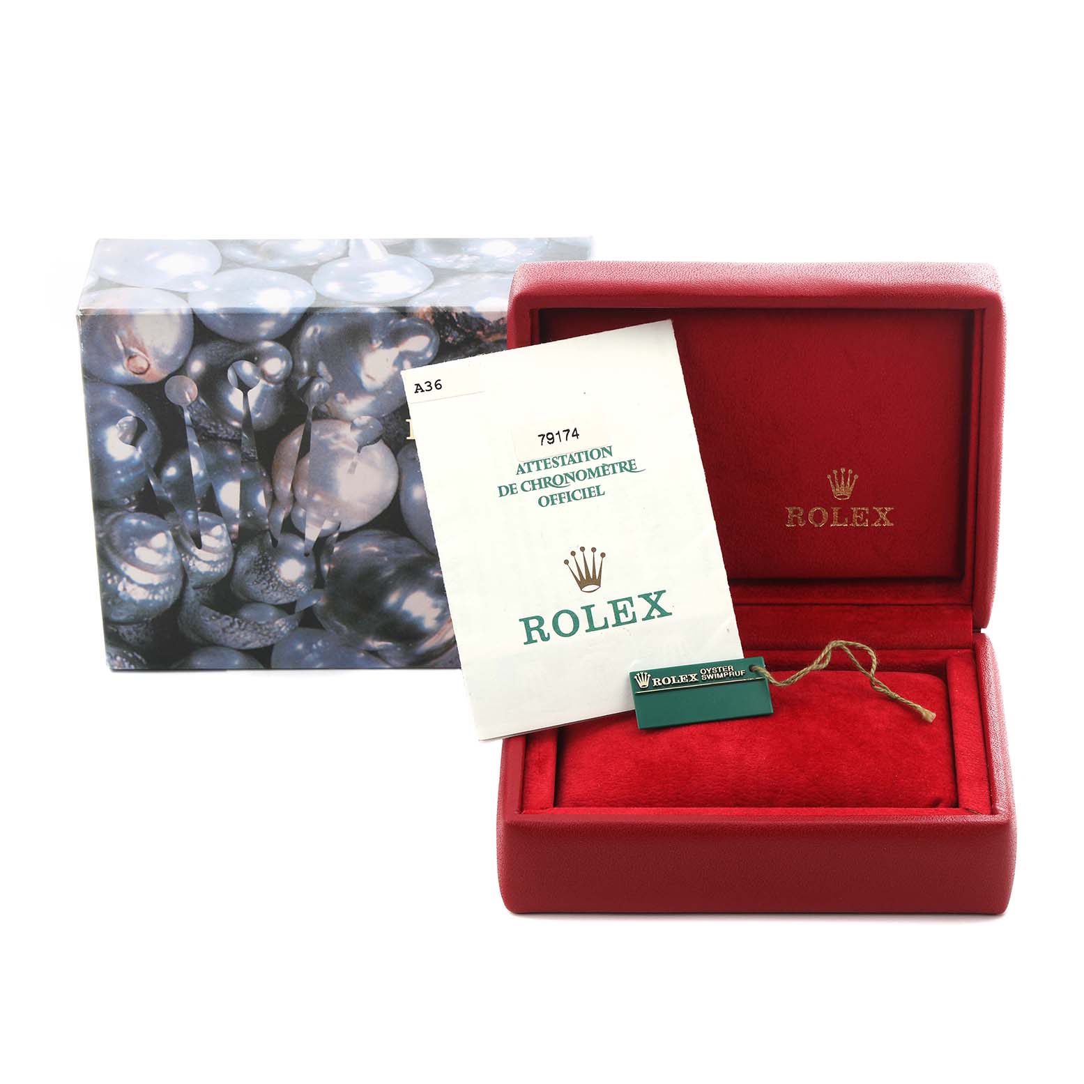 The image shows a Rolex Datejust 79174 Women's Stainless Steel Silver Dial 79174 Women's Stainless Steel Silver Dial watch box, official papers, and a tag, viewed from the front.