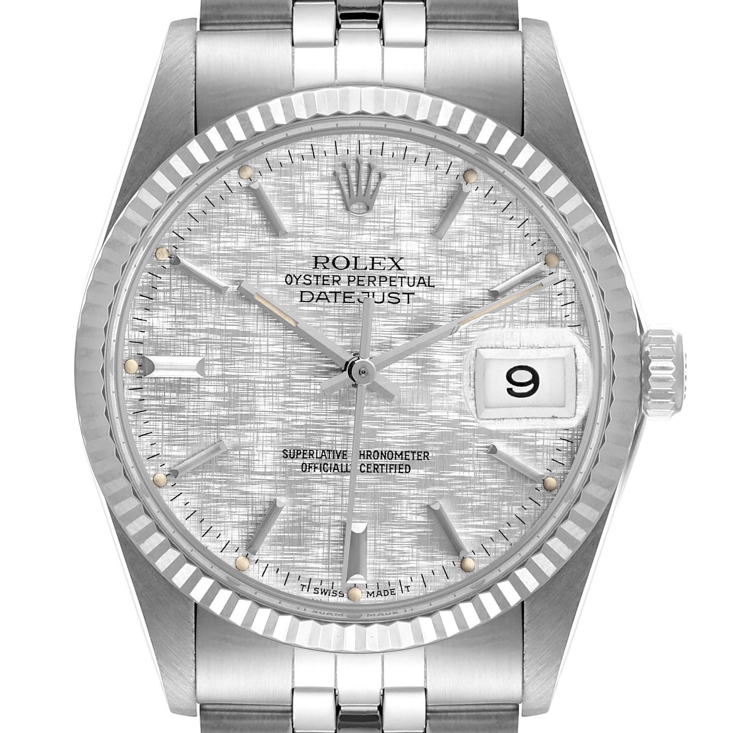 The image shows a frontal close-up of the Rolex Oyster Perpetual Datejust Vintage Collection model watch, focusing on the dial, bezel, and part of the bracelet.