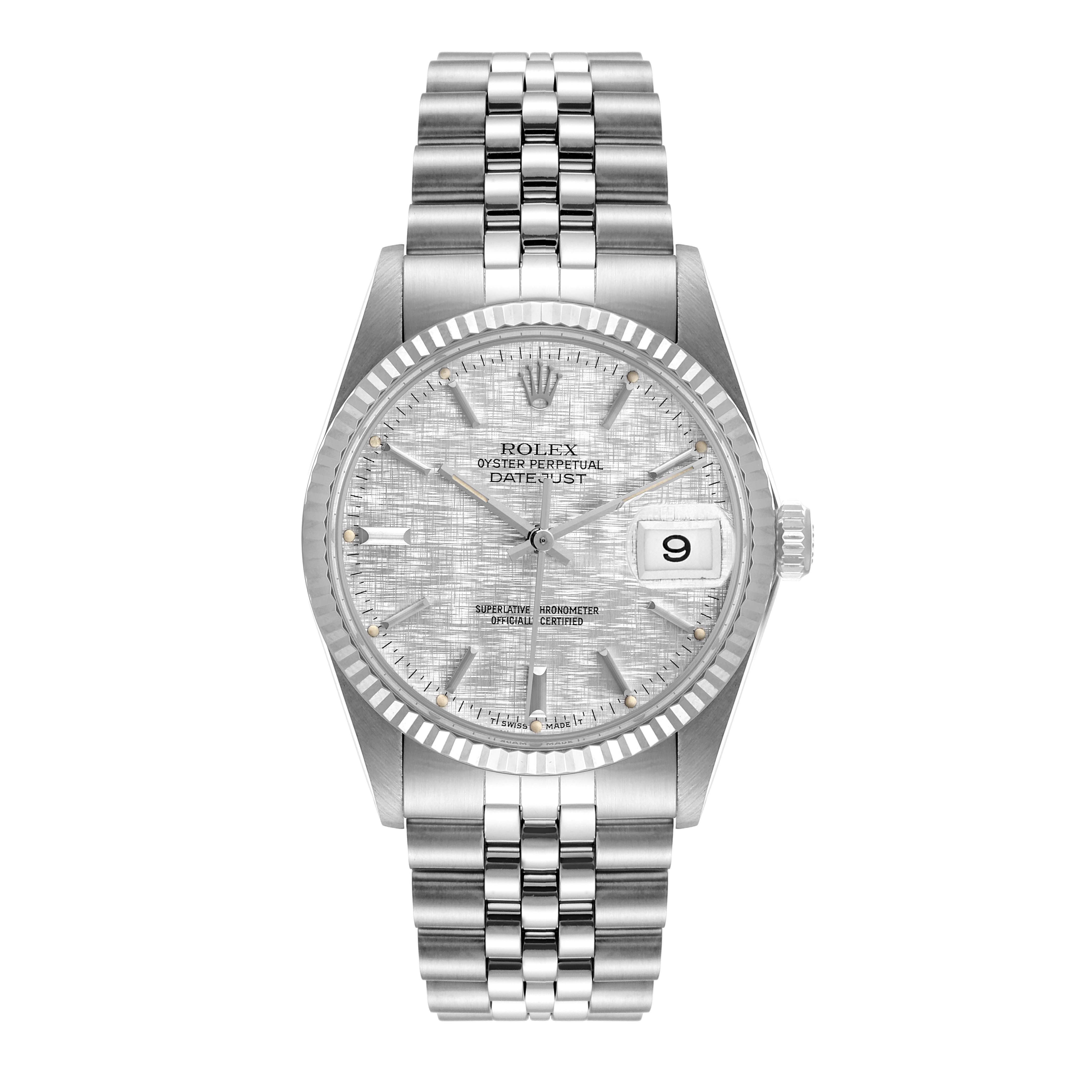 The image shows a front view of a Rolex Vintage Collection 16014 Men's Stainless Steel Silver Dial 16014 Men's Stainless Steel Silver Dial Oyster Perpetual Datejust watch, displaying its face, bezel, and bracelet.