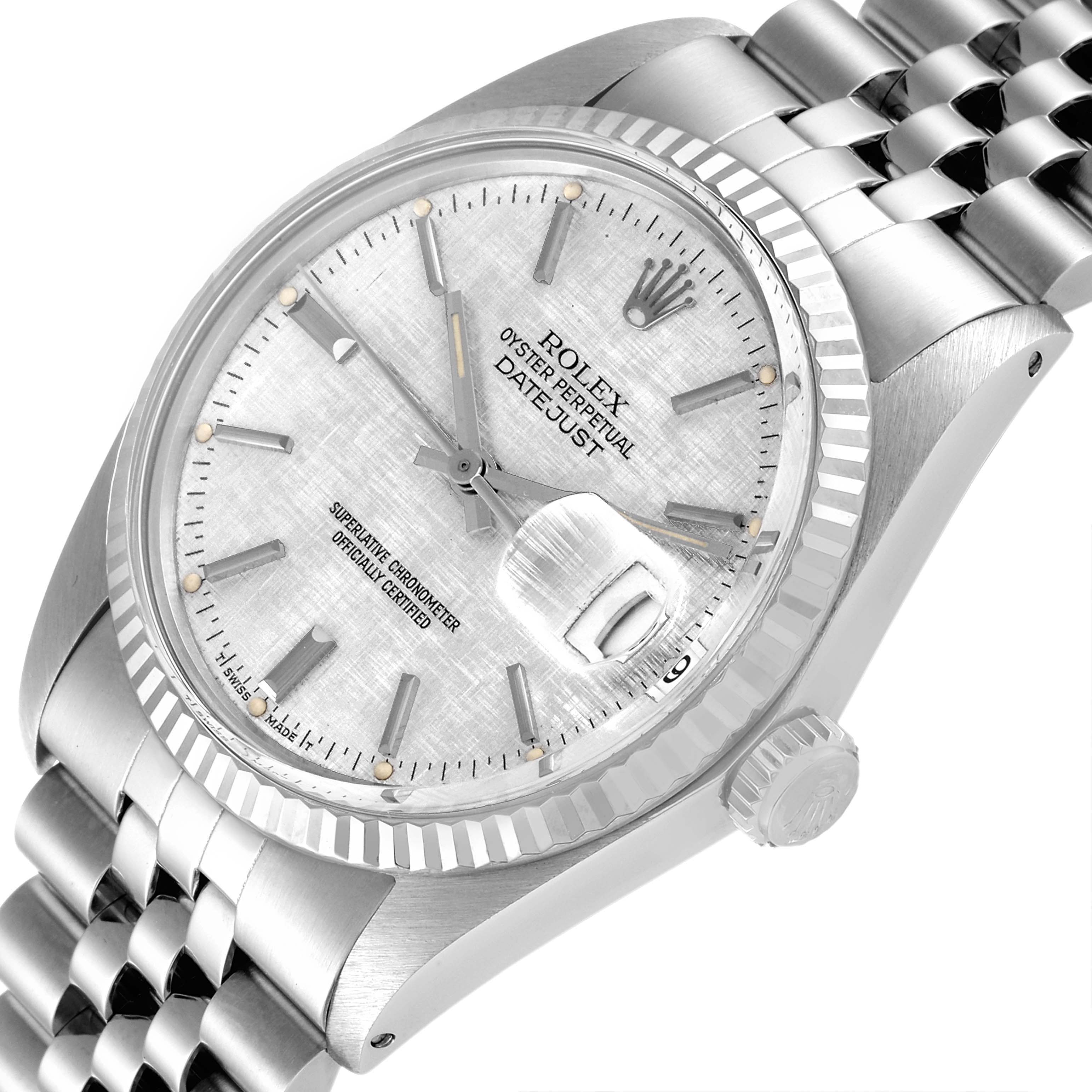 The image shows the dial, bezel, crown, and part of the Jubilee bracelet of a Rolex Vintage Collection 16014 Men's Stainless Steel Silver Dial 16014 Men's Stainless Steel Silver Dial Datejust watch from an angled perspective.
