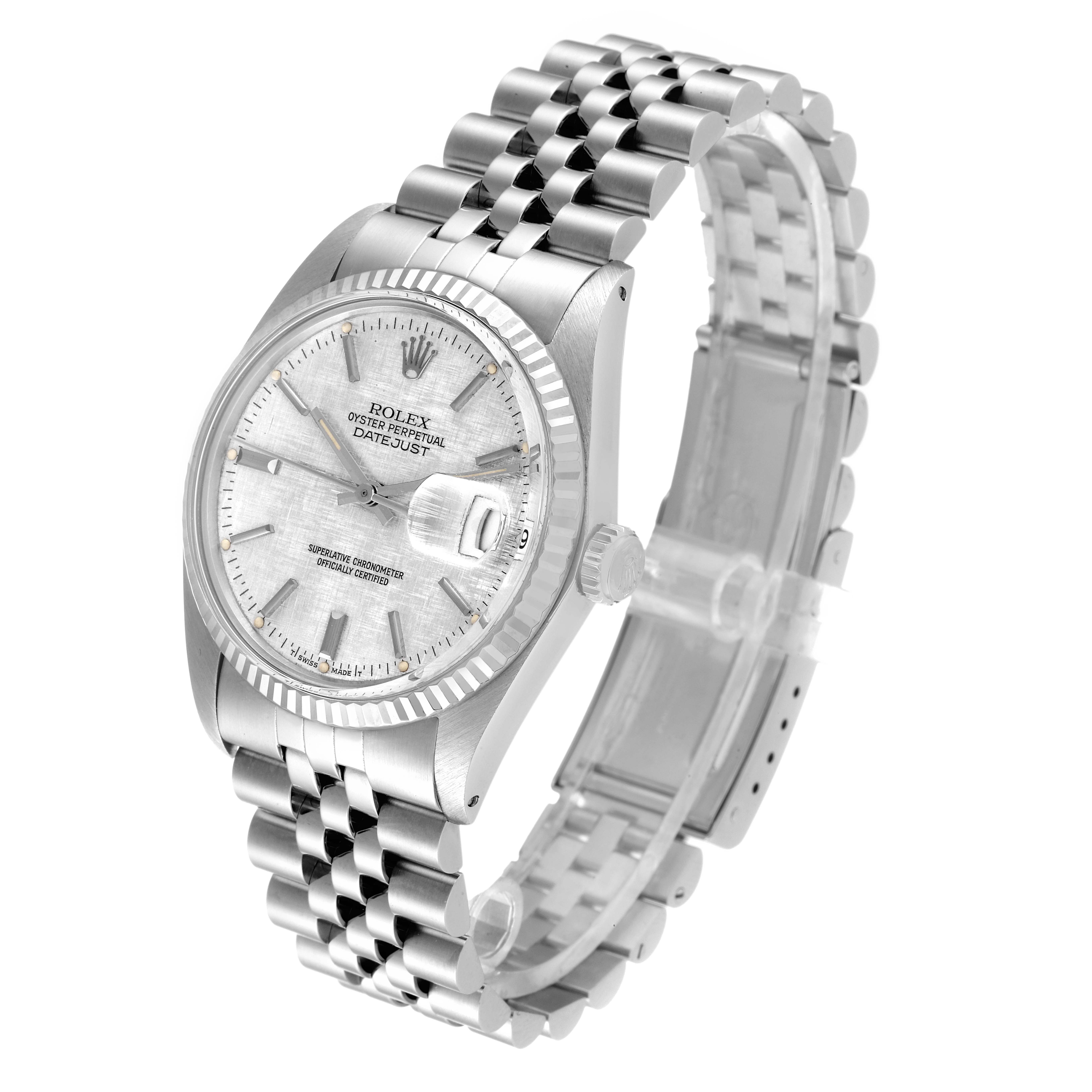 The Rolex Vintage Collection 16014 Men's Stainless Steel Silver Dial 16014 Men's Stainless Steel Silver Dial Datejust watch is shown at a three-quarter angle, displaying its dial, bezel, crown, and bracelet.